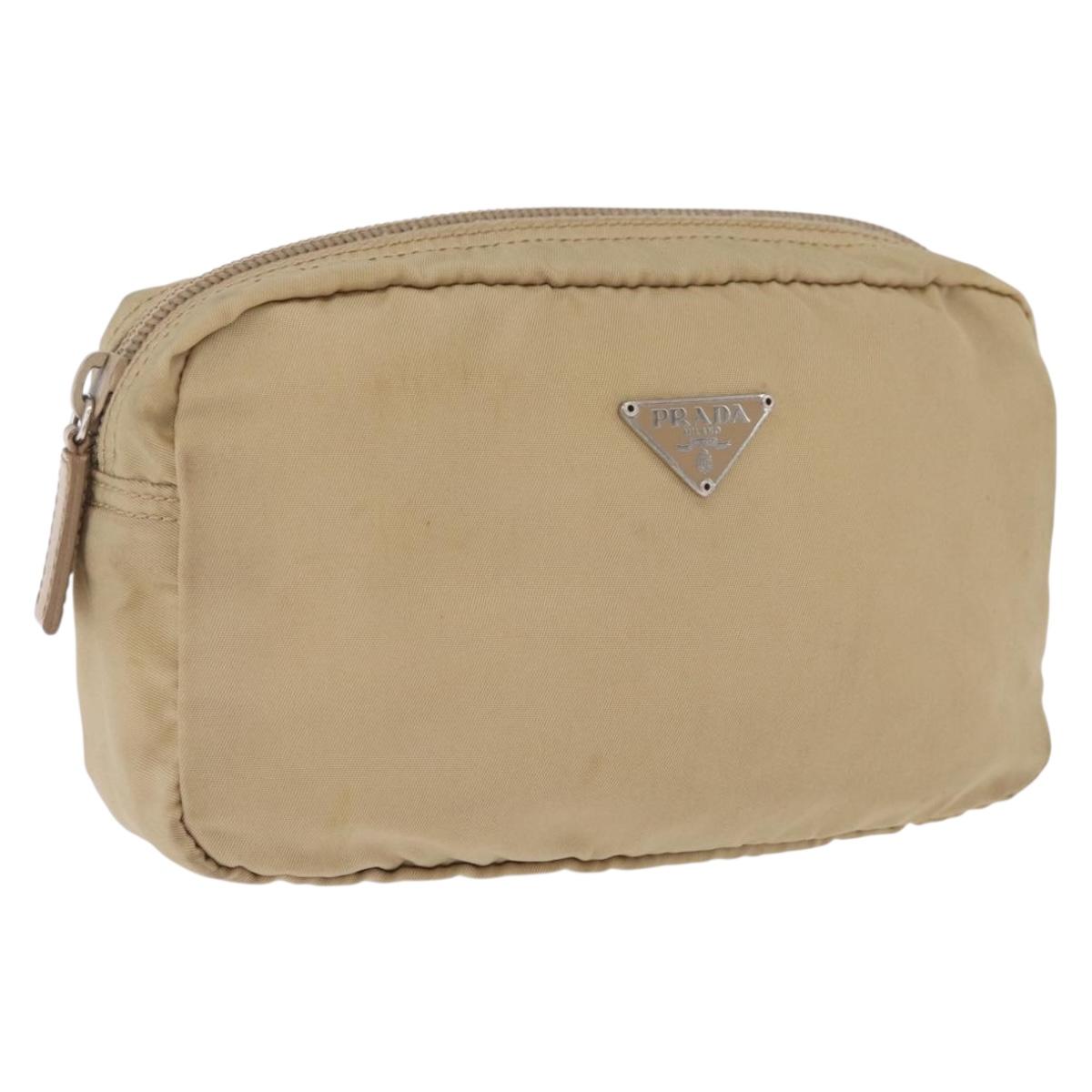 PRADA Pouch Nylon Beige Silver Auth ar14414