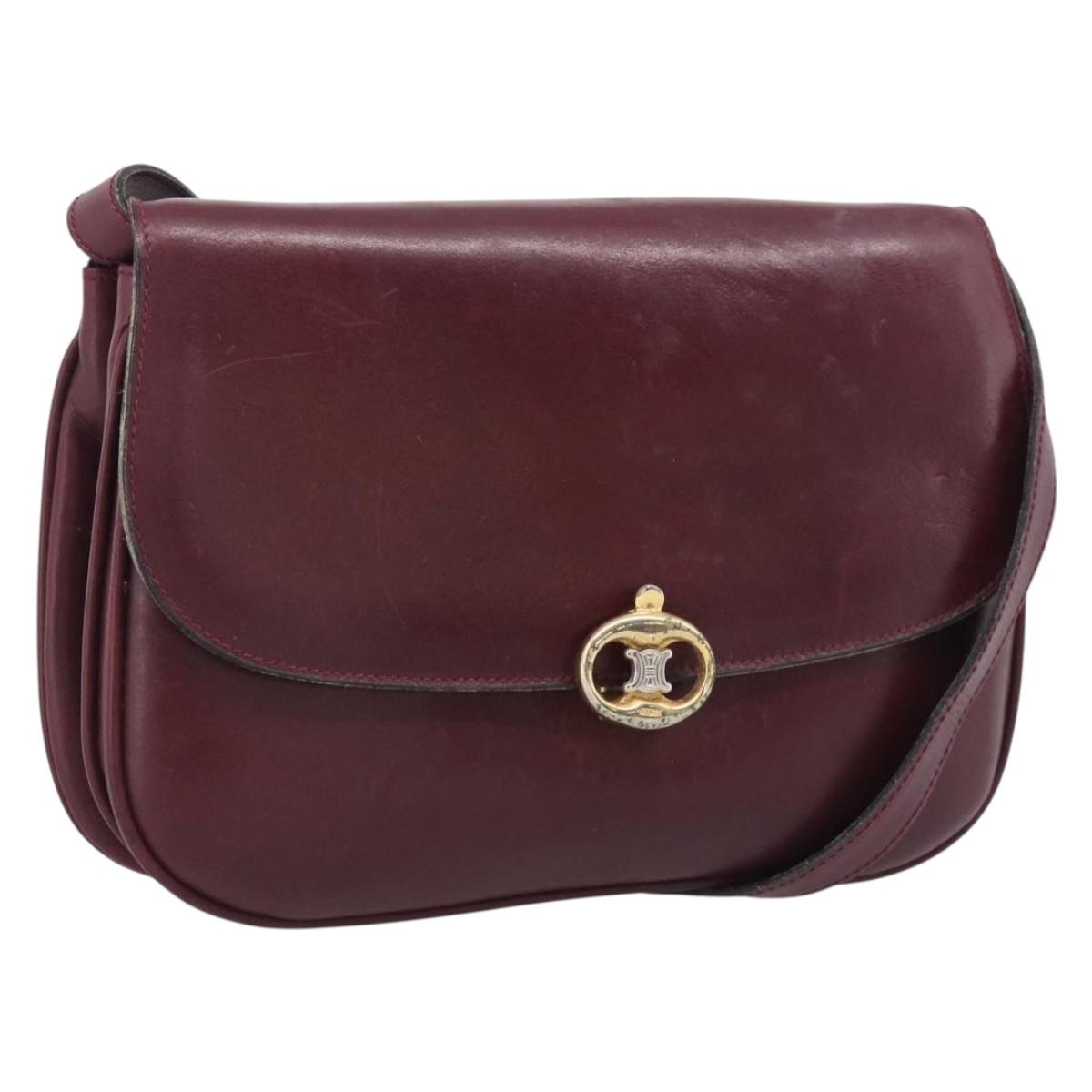 CELINE Shoulder Bag Leather Bordeaux Gold Auth ar14416