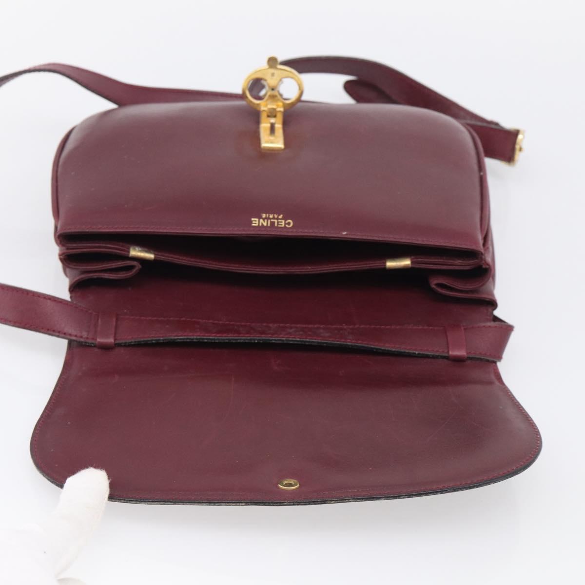 CELINE Shoulder Bag Leather Bordeaux Gold Auth ar14416