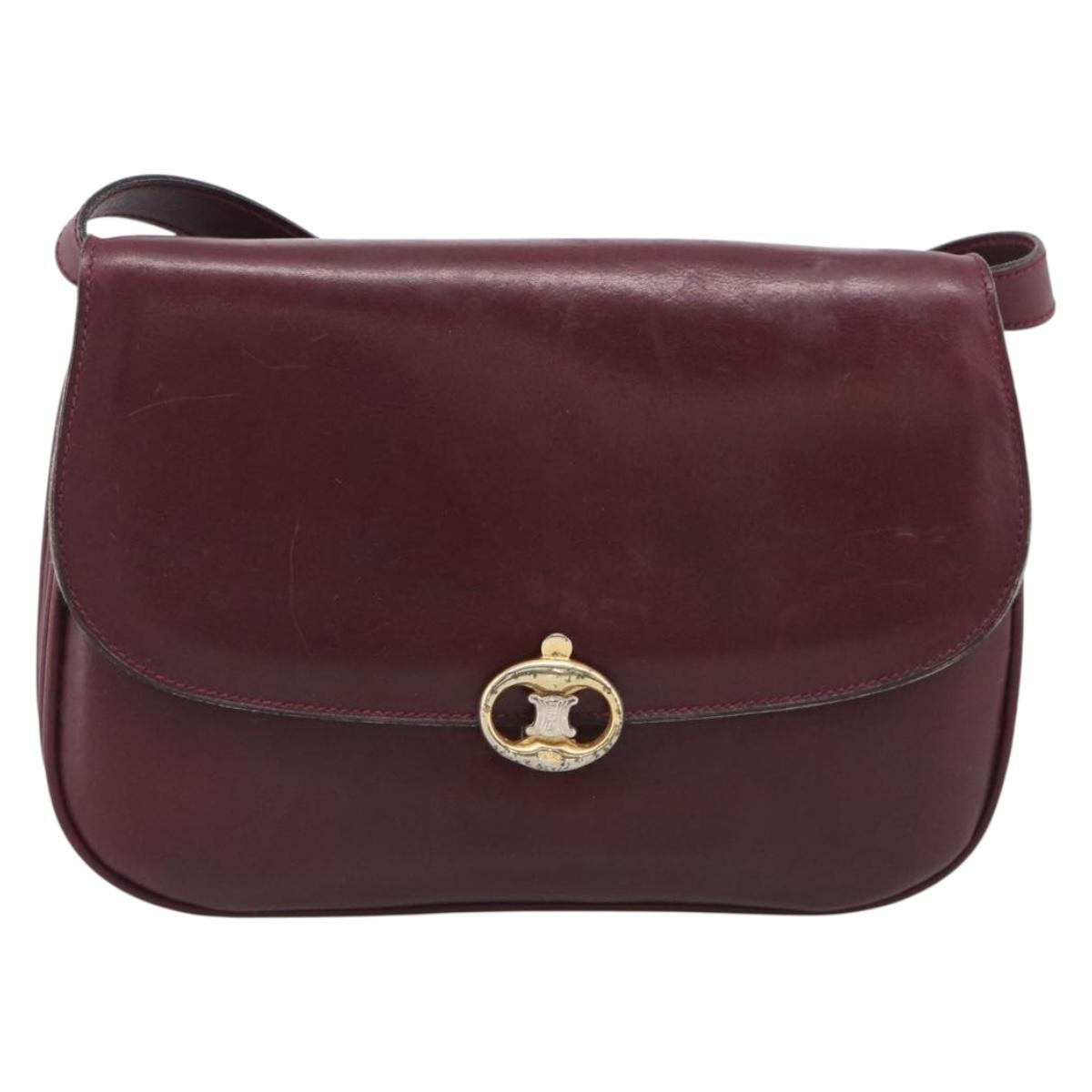 CELINE Shoulder Bag Leather Bordeaux Gold Auth ar14416