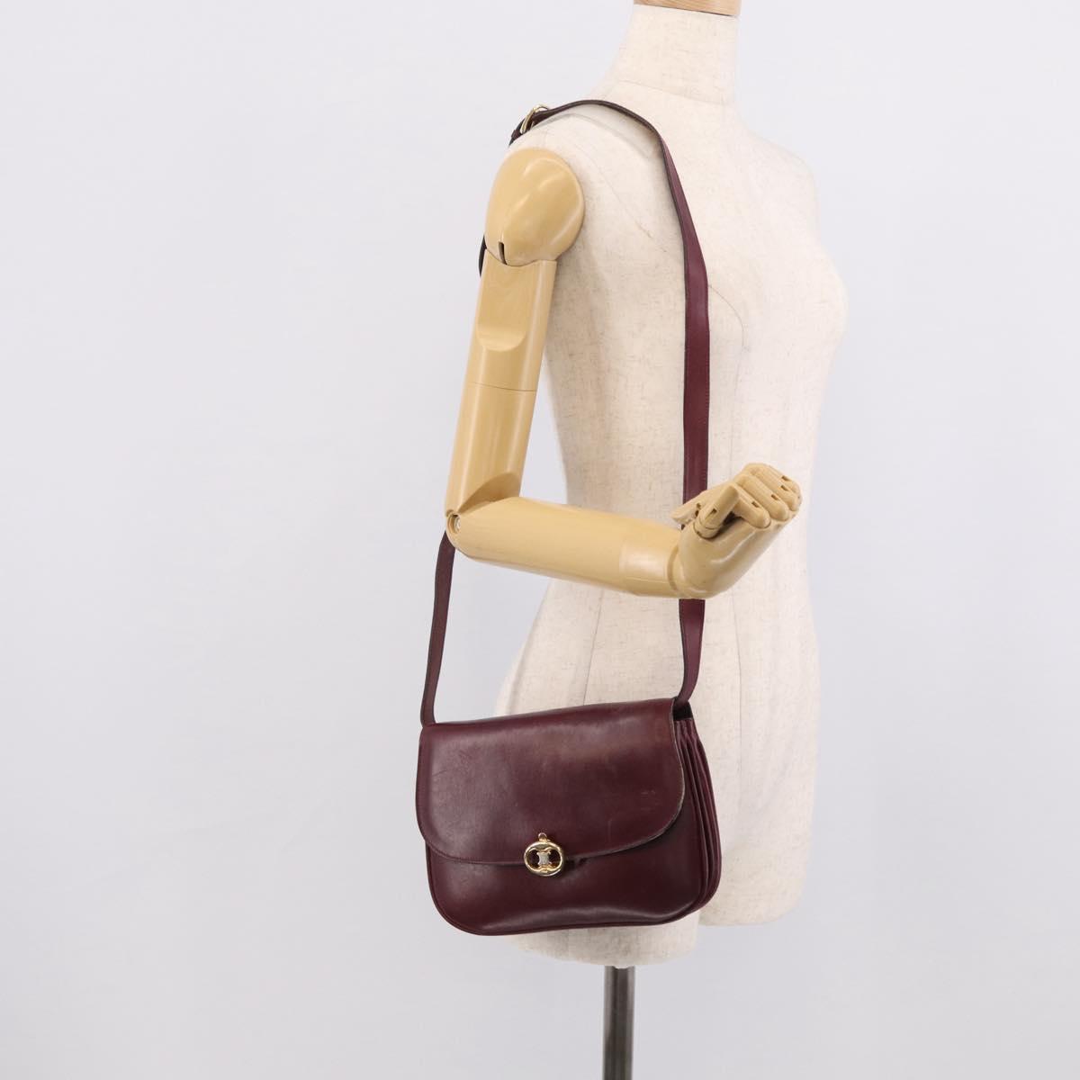 CELINE Shoulder Bag Leather Bordeaux Gold Auth ar14416