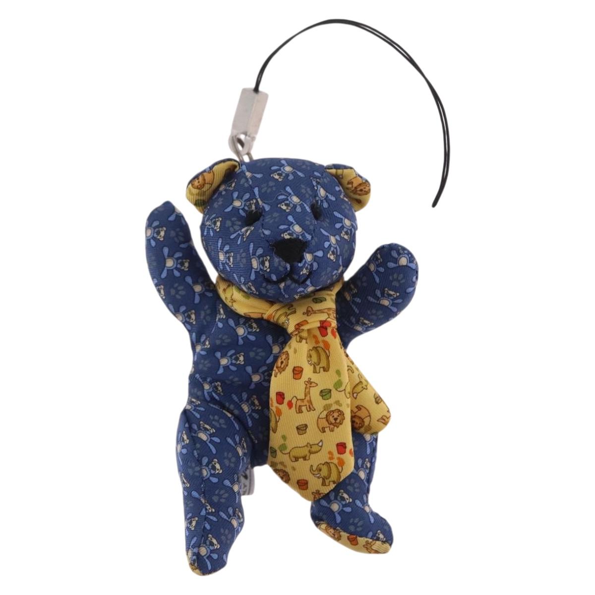 Salvatore Ferragamo Teddy Bear Bag Charm Silk Blue Silver Auth ar14434