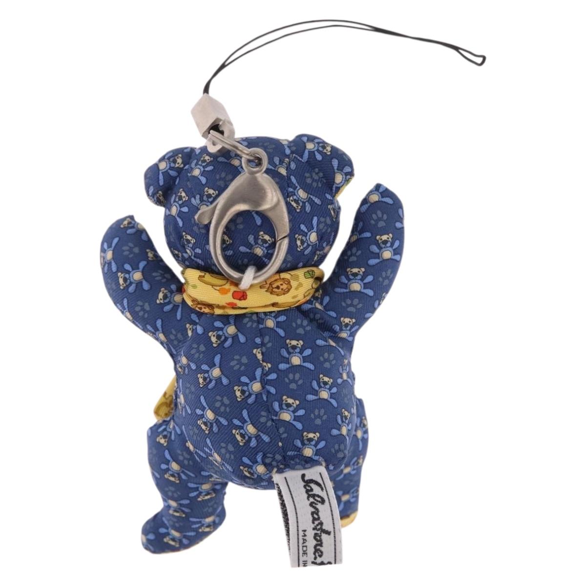 Salvatore Ferragamo Teddy Bear Bag Charm Silk Blue Silver Auth ar14434