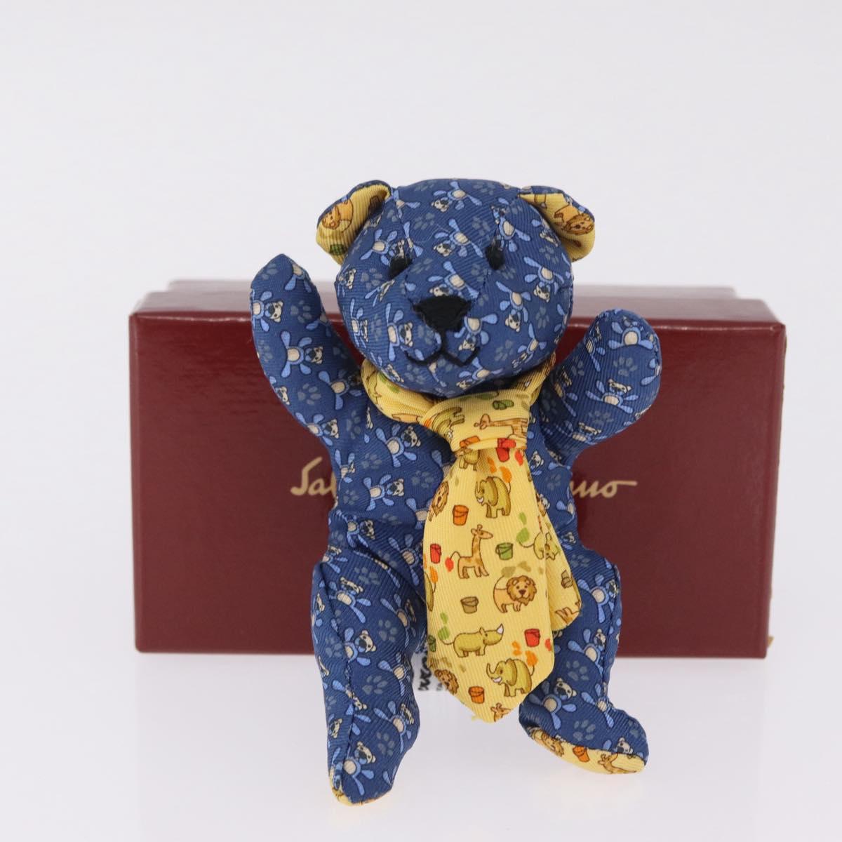 Salvatore Ferragamo Teddy Bear Bag Charm Silk Blue Silver Auth ar14434