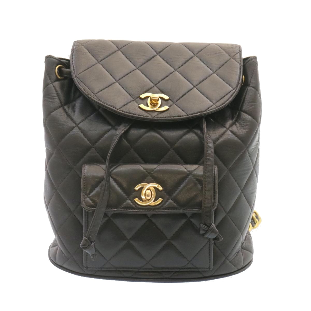 CHANEL Matelasse Backpack Leather Black Gold Tone CC Auth ar4662M