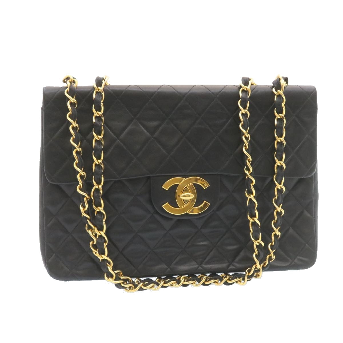 CHANEL Big Matelasse34 Turn Lock Chain Bag Lamb Skin Black Gold CC Auth ar5950SAV