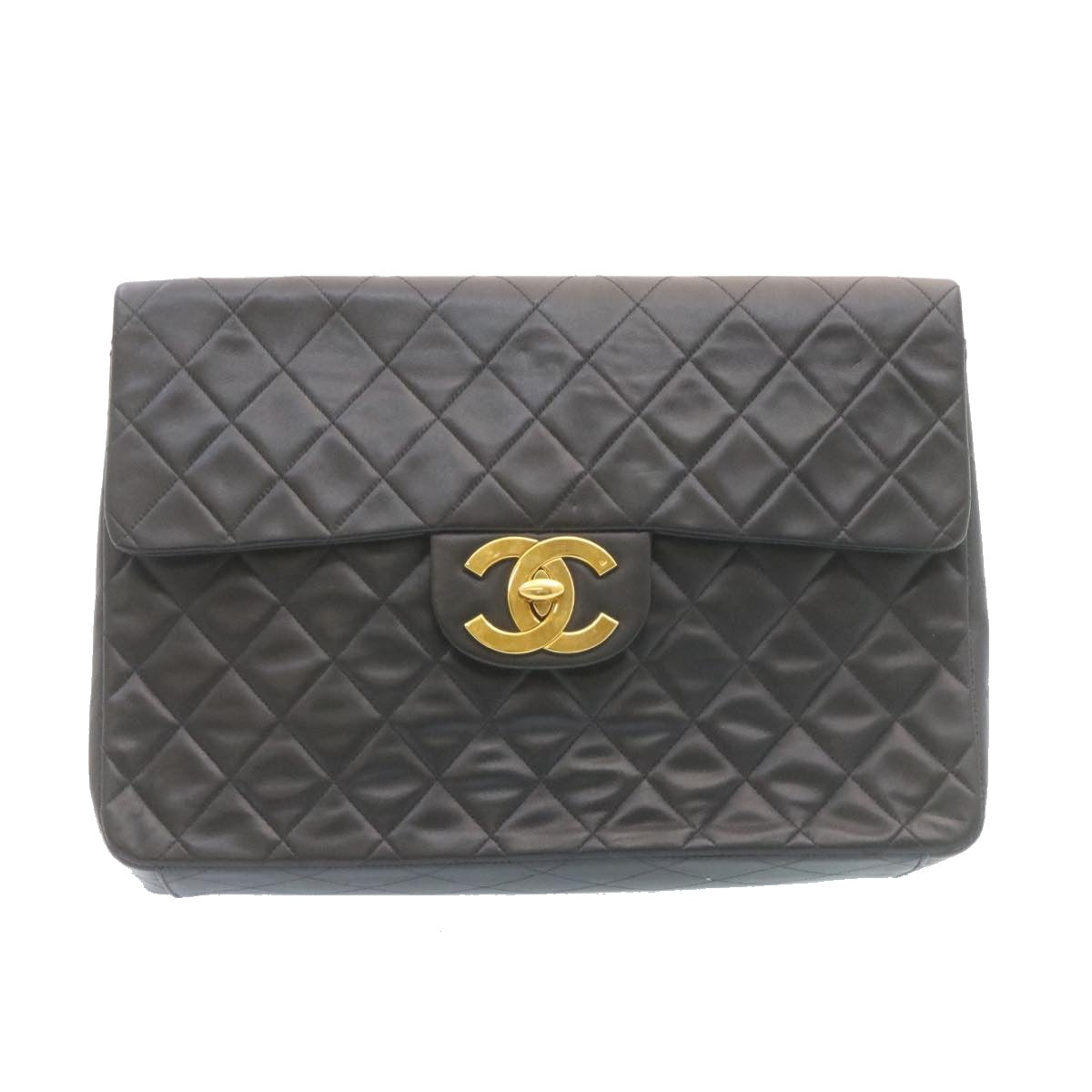 CHANEL Big Matelasse34 Turn Lock Chain Bag Lamb Skin Black Gold CC Auth ar5950SAV