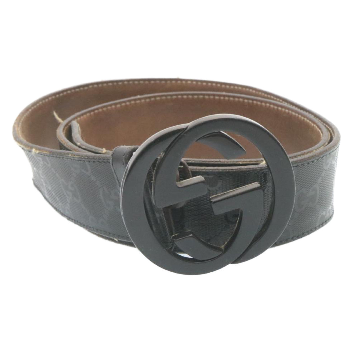 GUCCI GG Canvas Interlocking Belt PVC Leather Black Auth ar6259