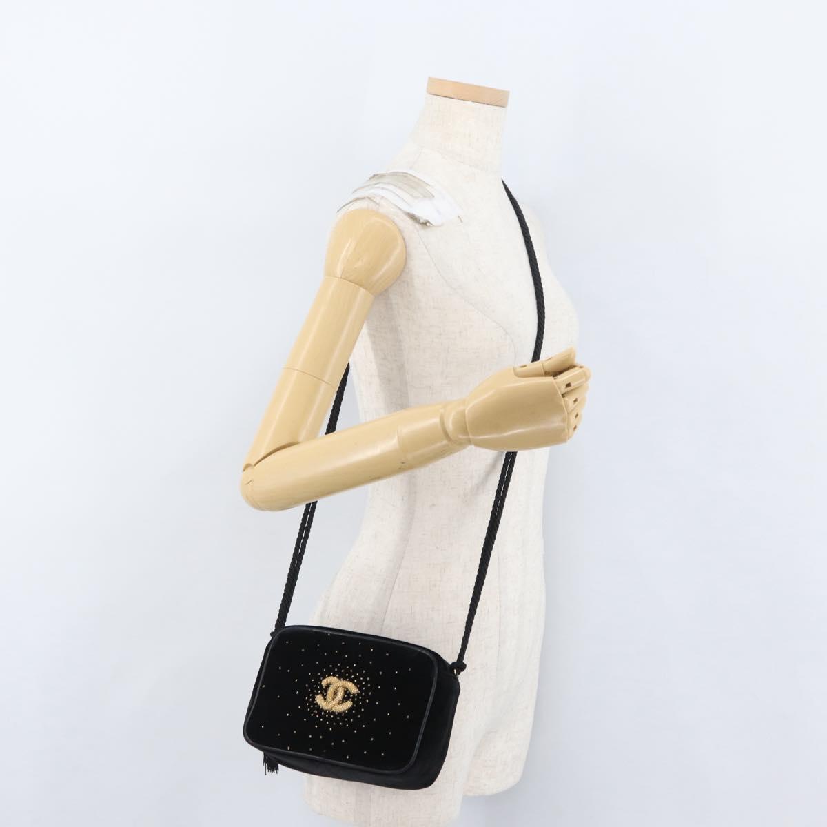 CHANEL Shoulder Bag Velor Black Gold CC Auth ARZ008SAV
