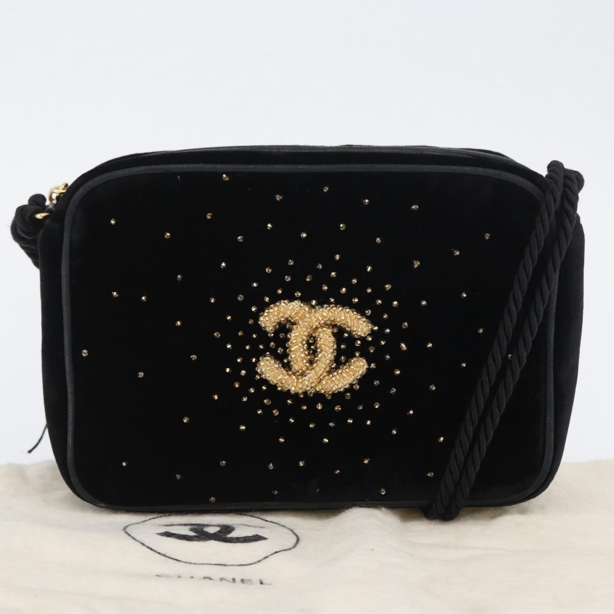CHANEL Shoulder Bag Velor Black Gold CC Auth ARZ008SAV