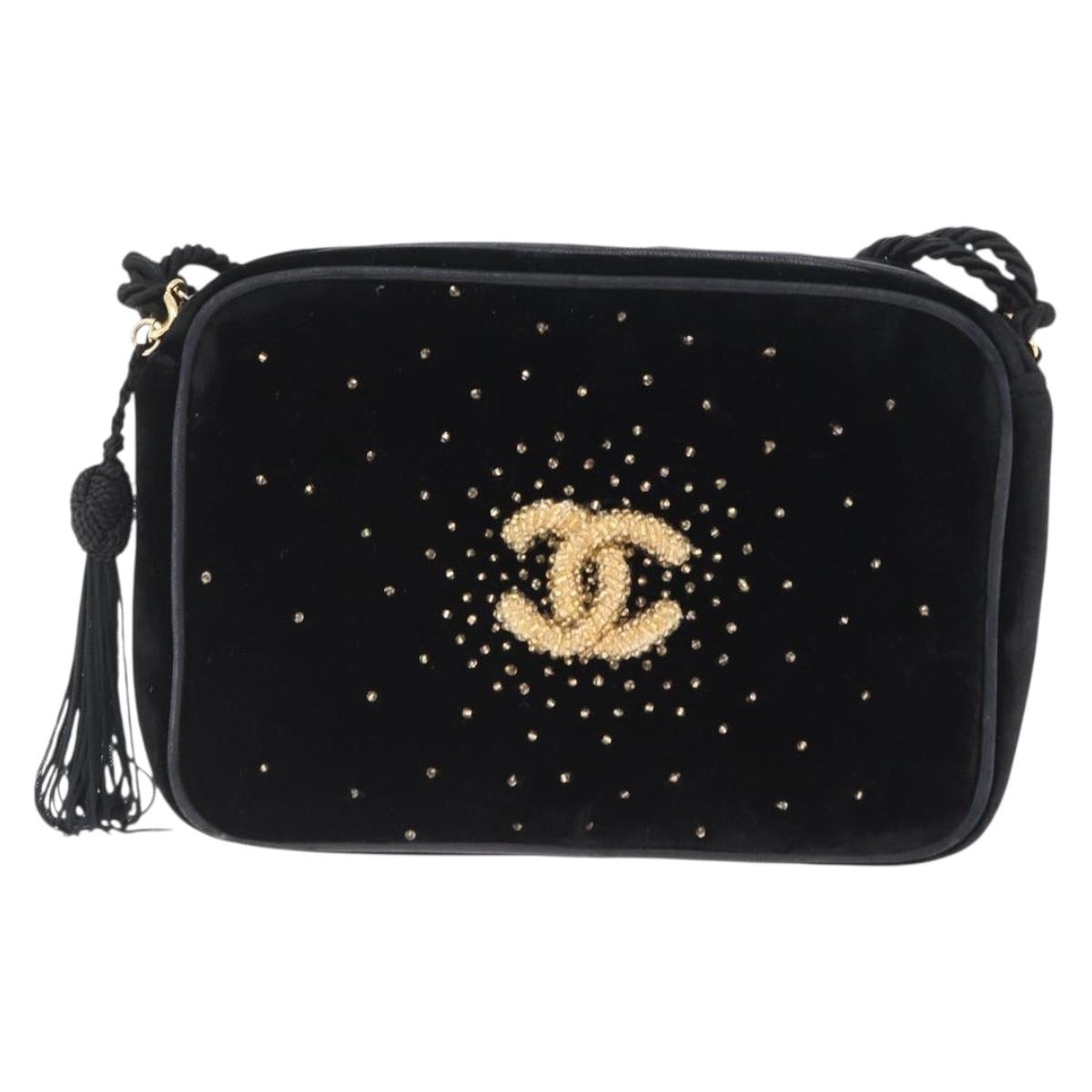 CHANEL Shoulder Bag Velor Black Gold CC Auth ARZ008SAV