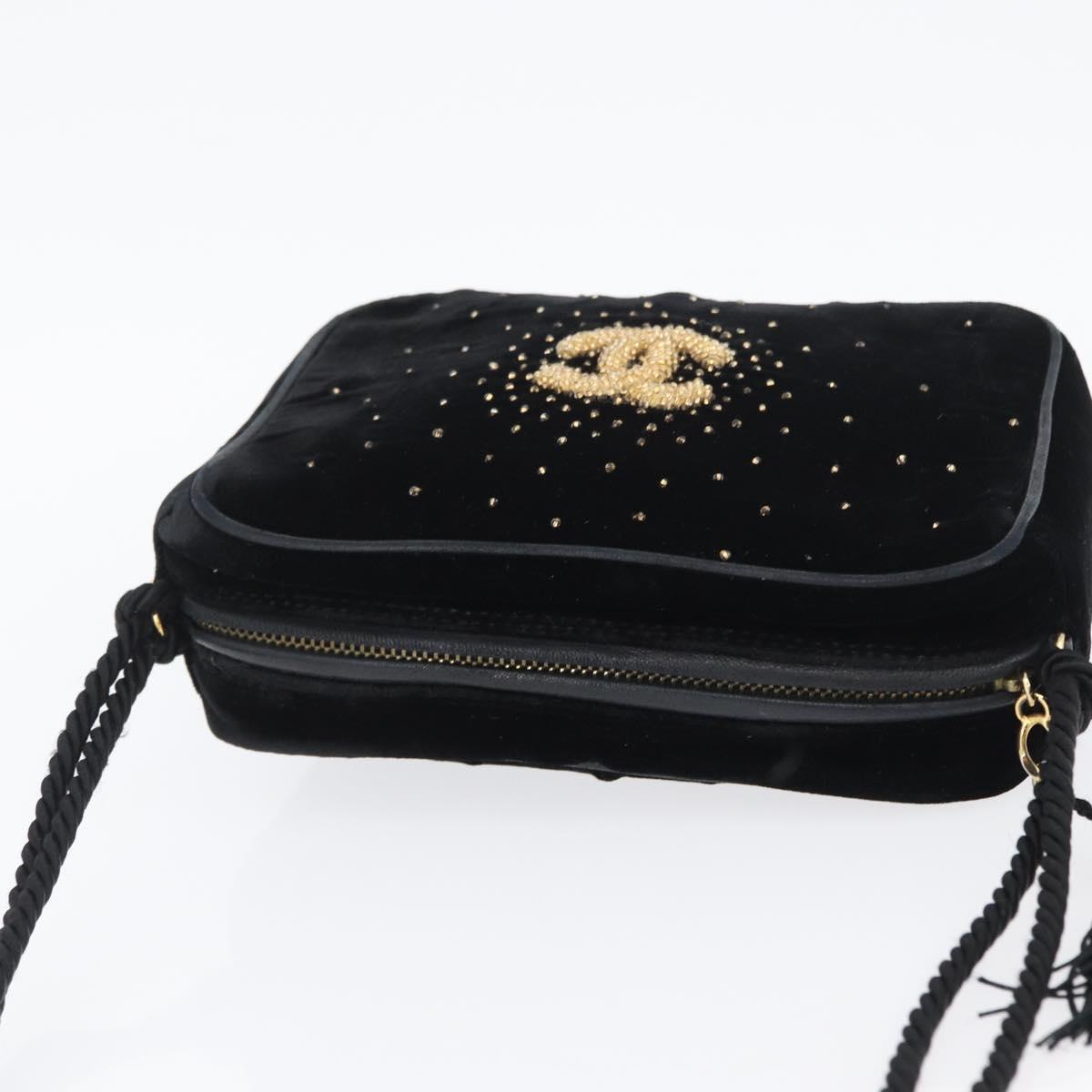CHANEL Shoulder Bag Velor Black Gold CC Auth ARZ008SAV