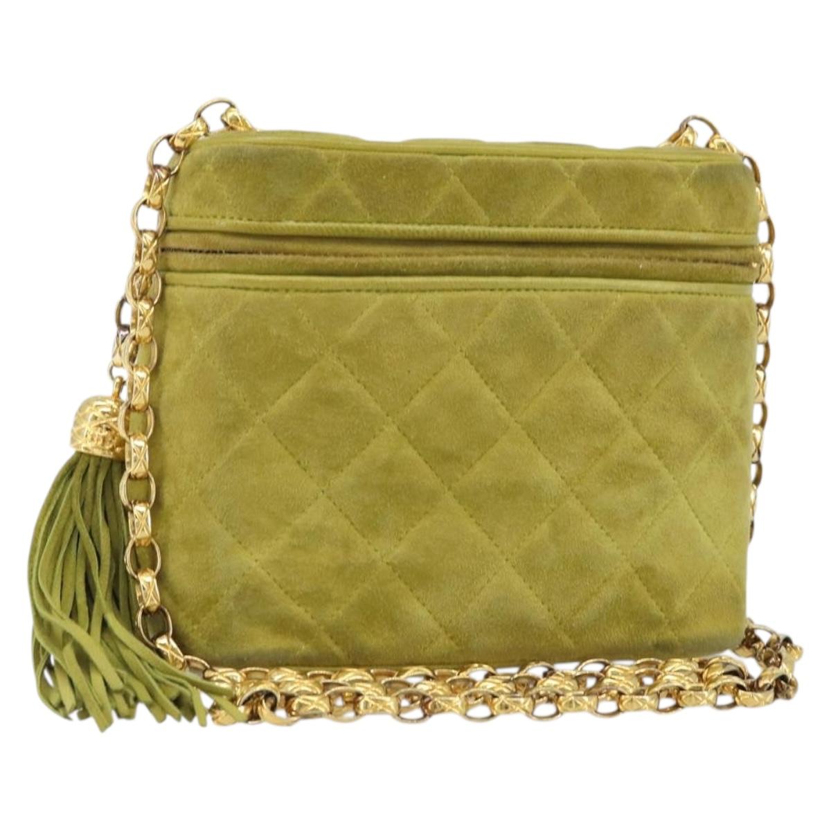 CHANEL Chain Matelasse Shoulder Bag Suede Green Gold CC Auth ARZ019A