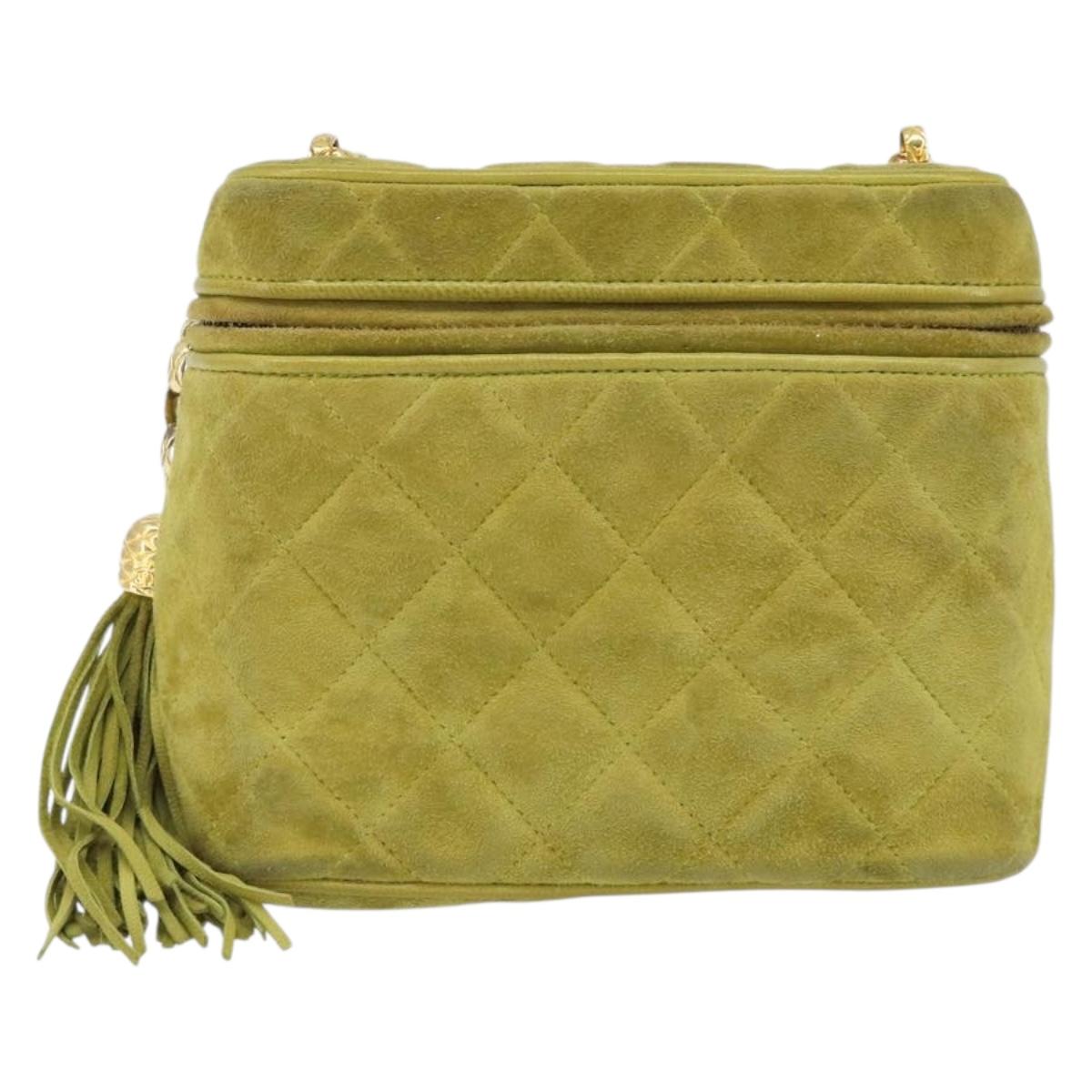 CHANEL Chain Matelasse Shoulder Bag Suede Green Gold CC Auth ARZ019A