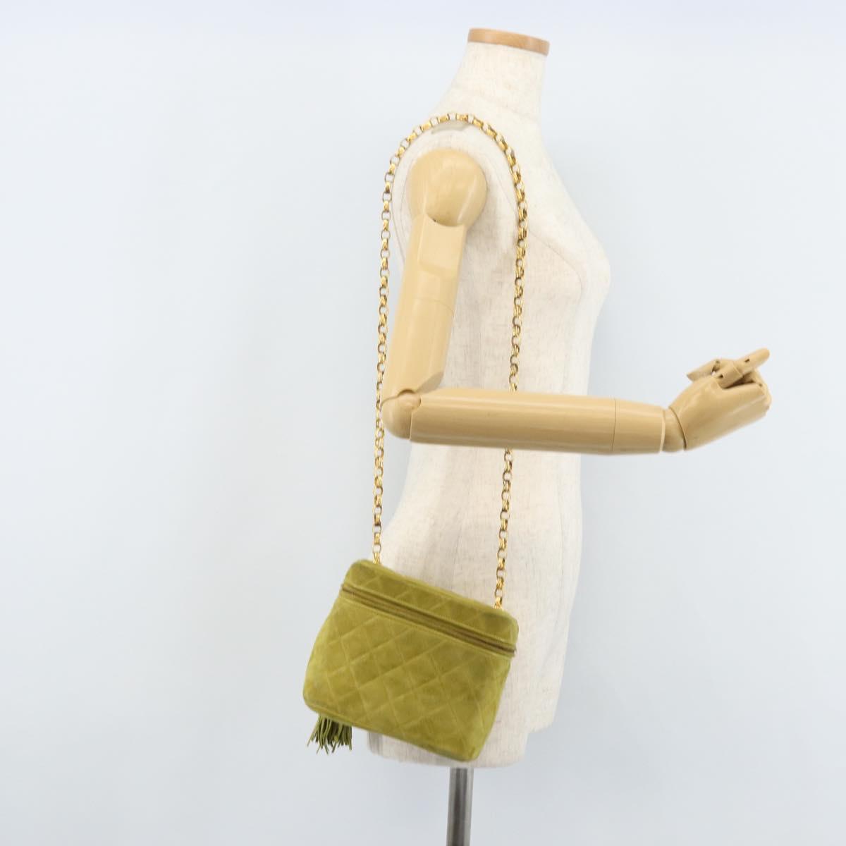 CHANEL Chain Matelasse Shoulder Bag Suede Green Gold CC Auth ARZ019A