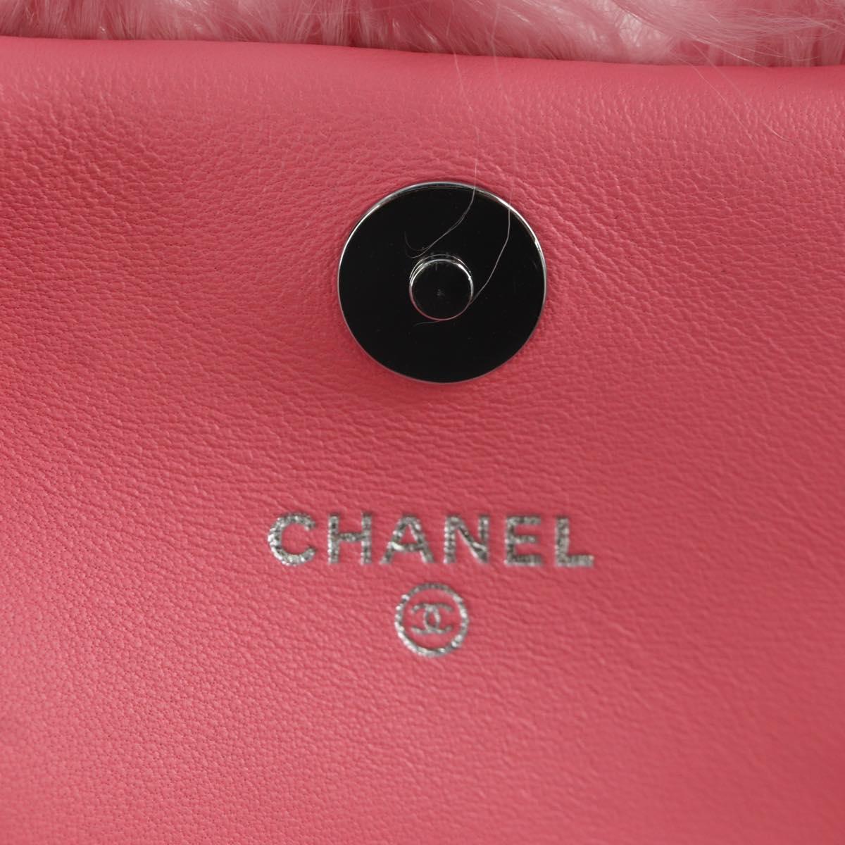 CHANEL Pouch Fur Pink Silver CC Auth ARZ032SAM