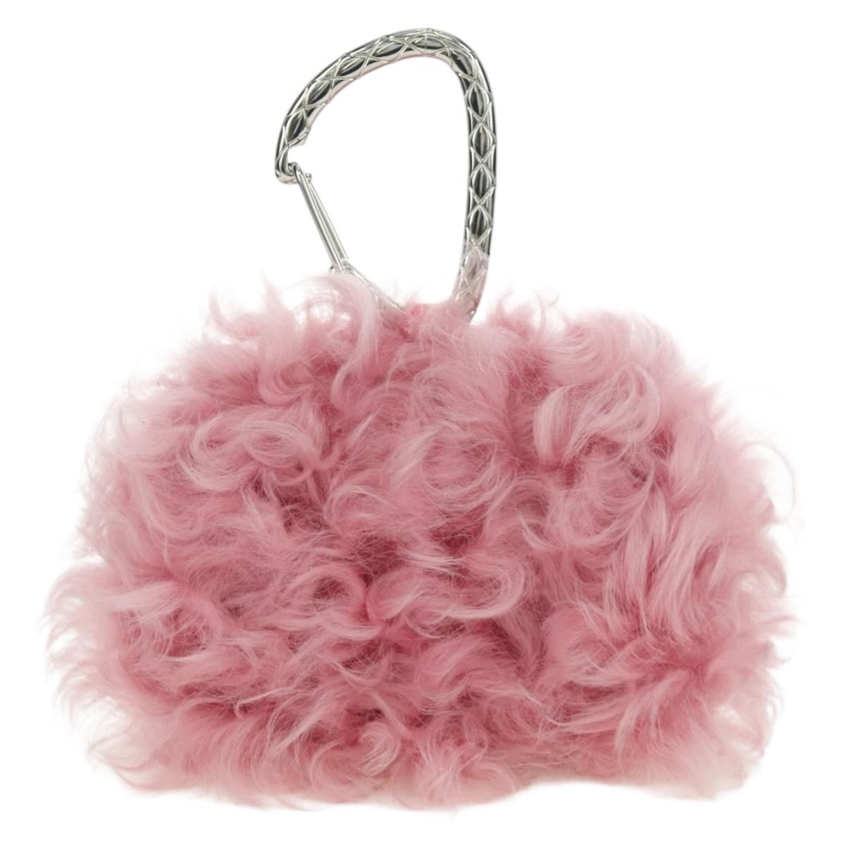 CHANEL Pouch Fur Pink Silver CC Auth ARZ032SAM