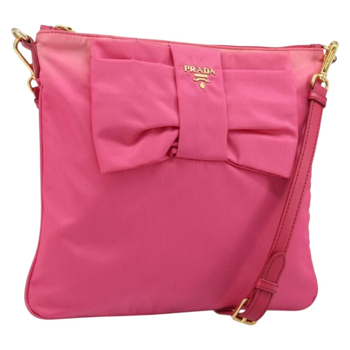 PRADA Ribbon Shoulder Bag Nylon Pink Gold Auth ARZ034A