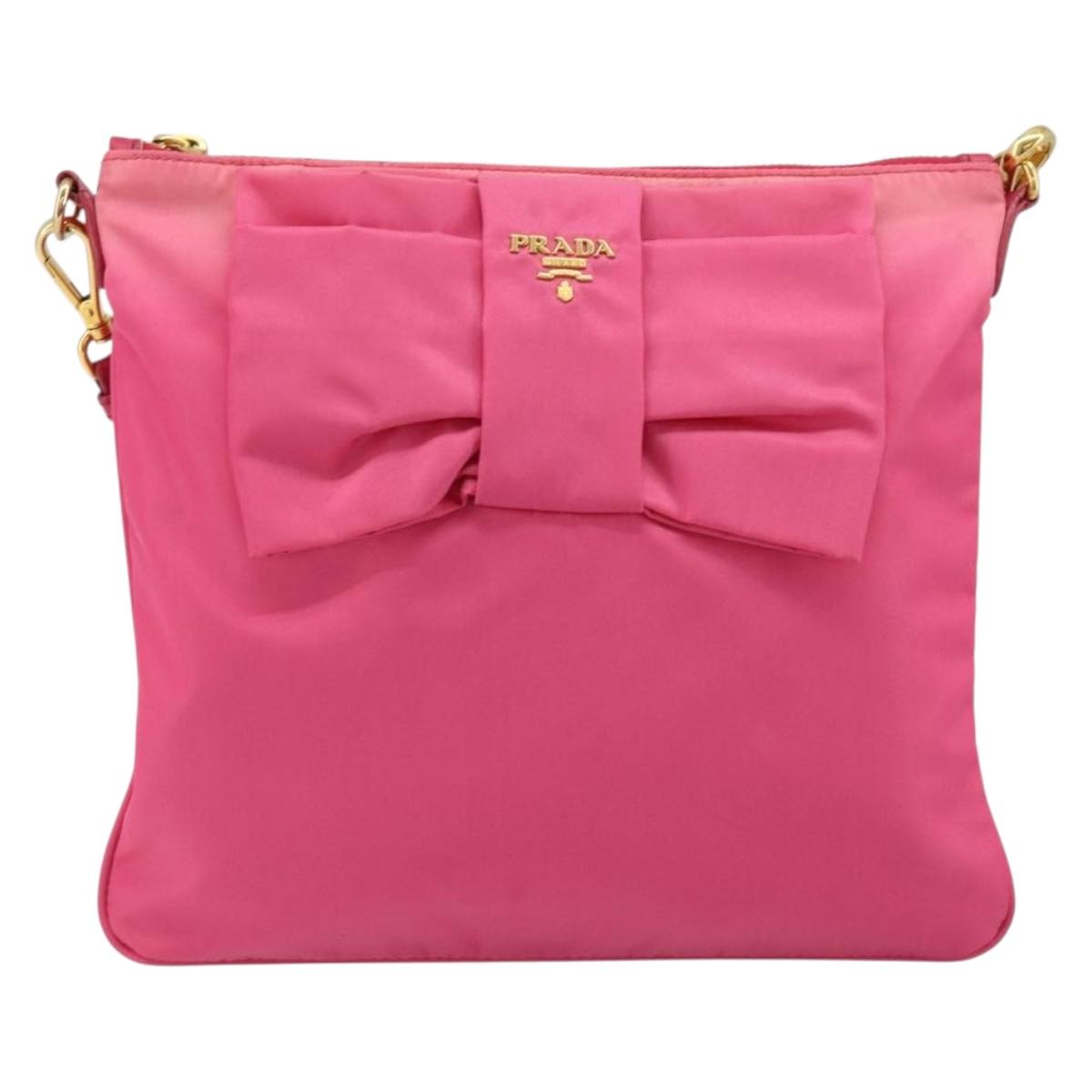 PRADA Ribbon Shoulder Bag Nylon Pink Gold Auth ARZ034A