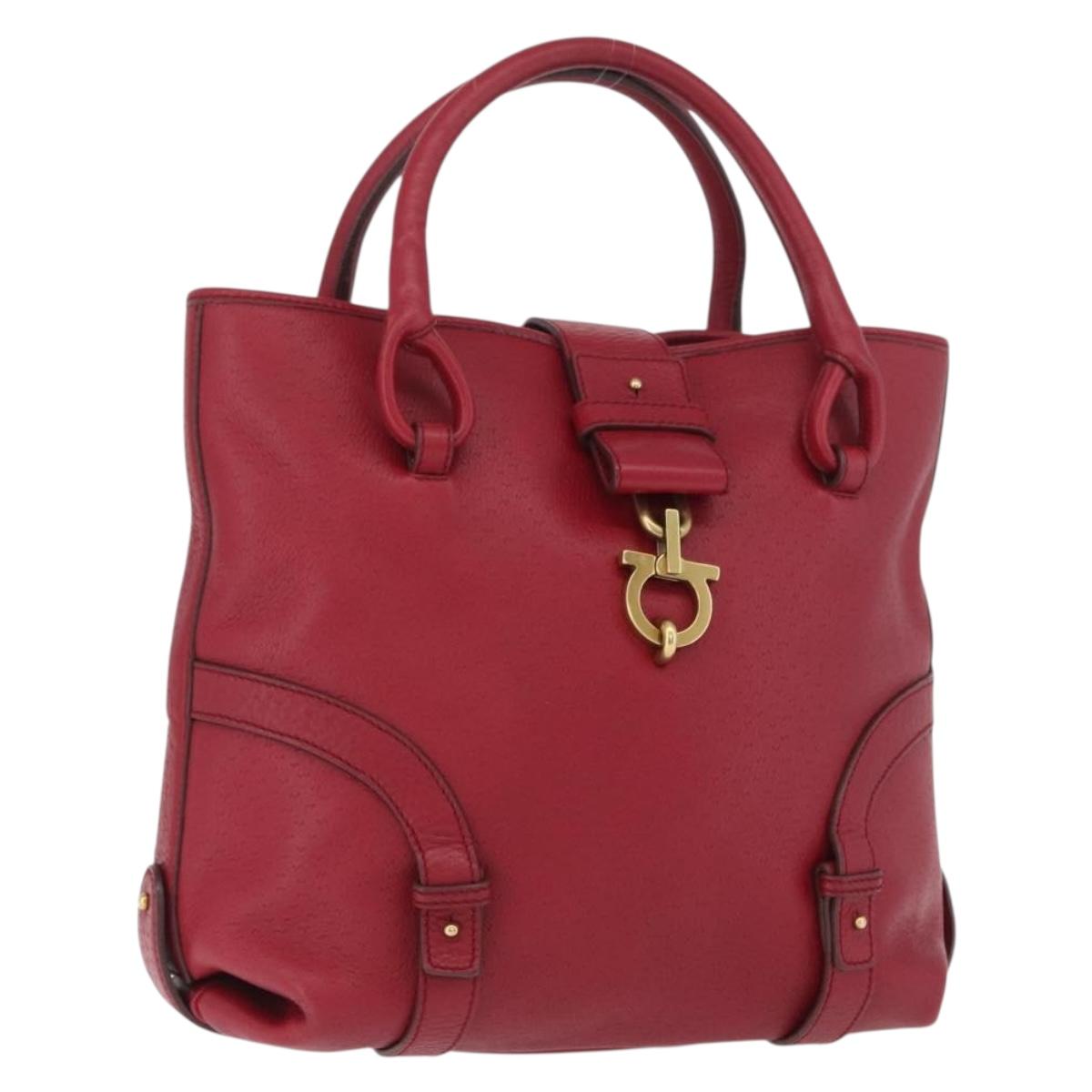 Salvatore Ferragamo Gancini Hand Bag Leather Red Gold Auth ARZ035A