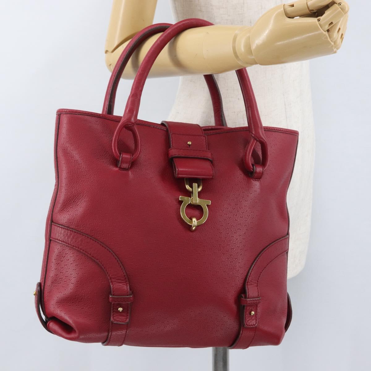 Salvatore Ferragamo Gancini Hand Bag Leather Red Gold Auth ARZ035A