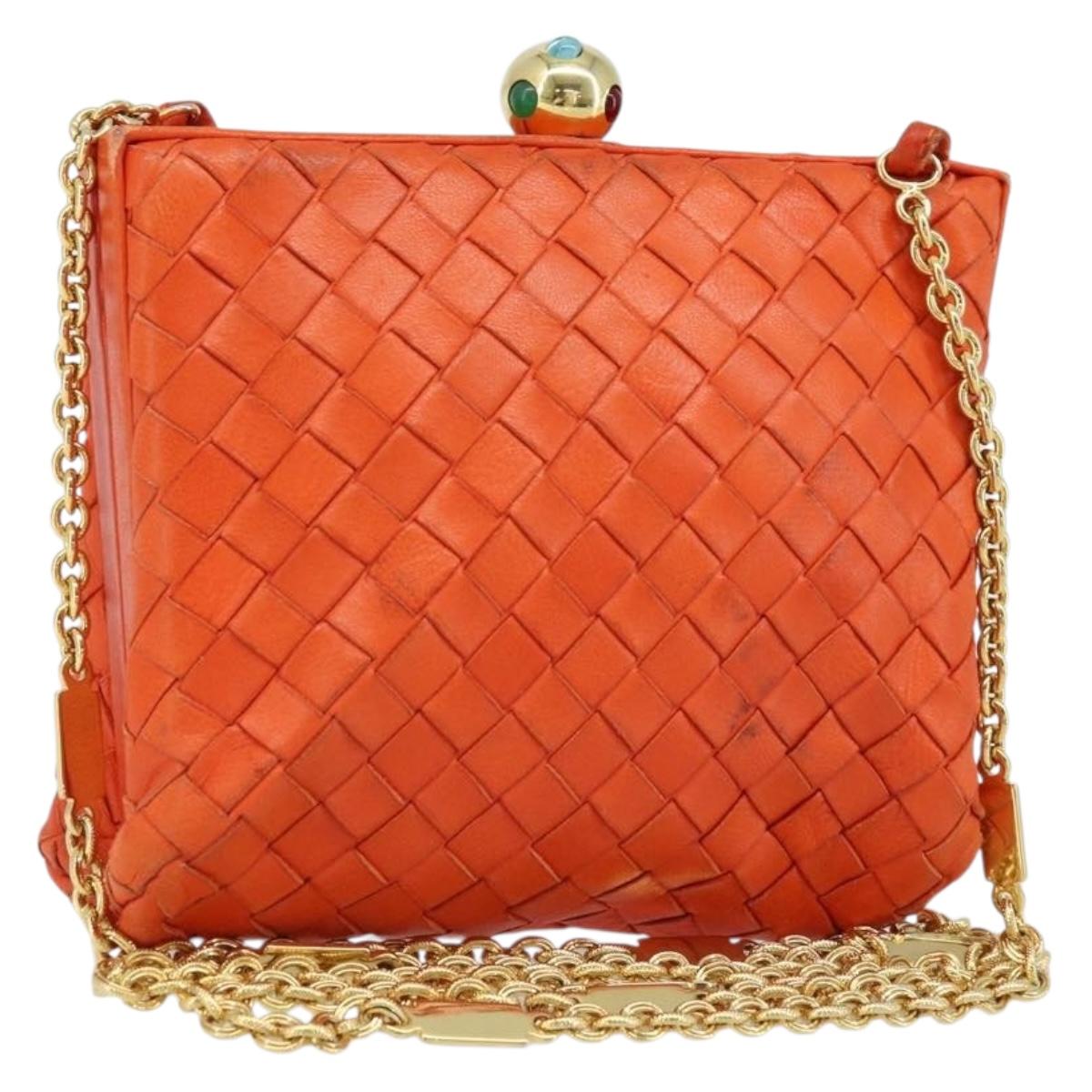 BOTTEGA VENETA INTRECCIATO Chain Shoulder Bag Leather Orange Gold Auth ARZ039A