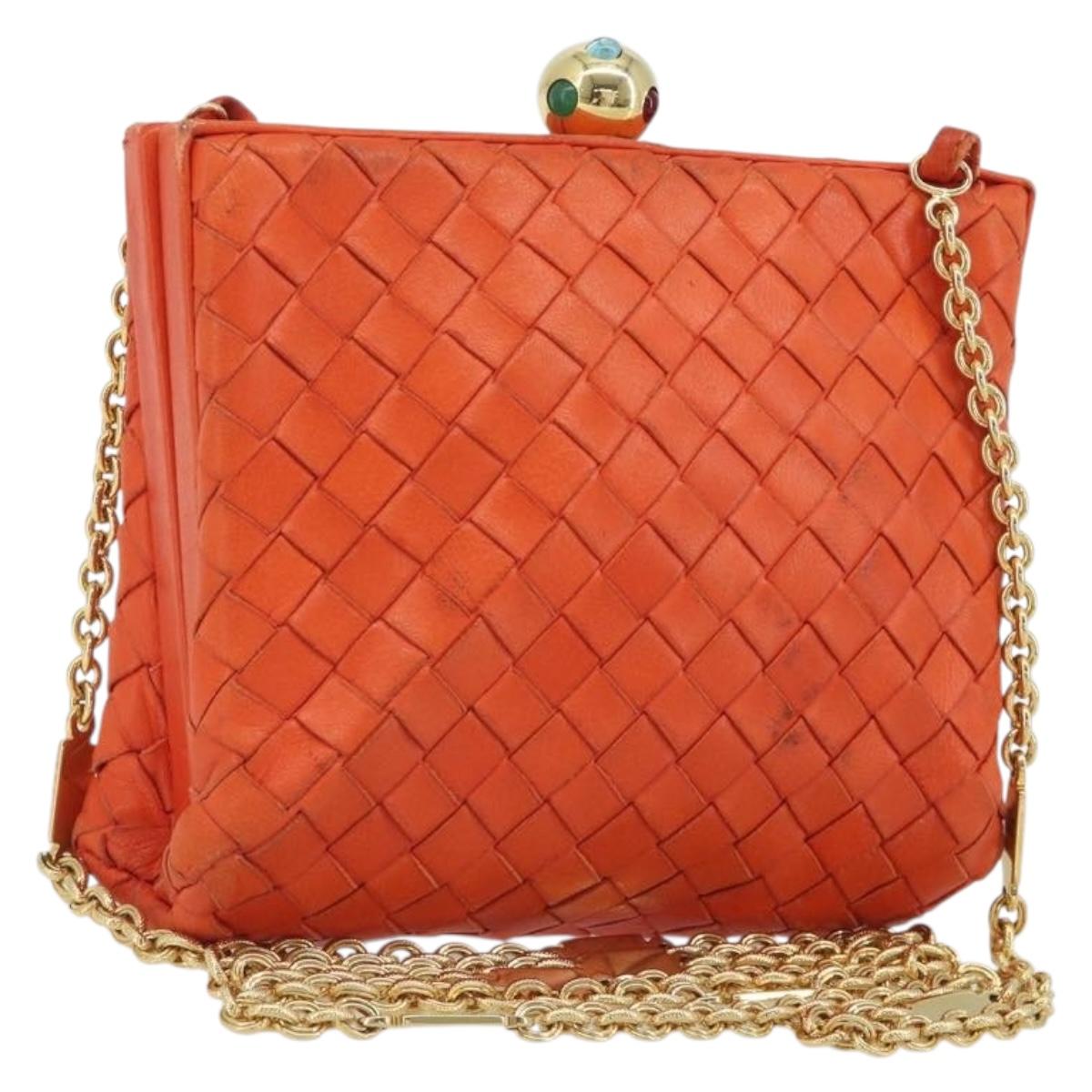 BOTTEGA VENETA INTRECCIATO Chain Shoulder Bag Leather Orange Gold Auth ARZ039A