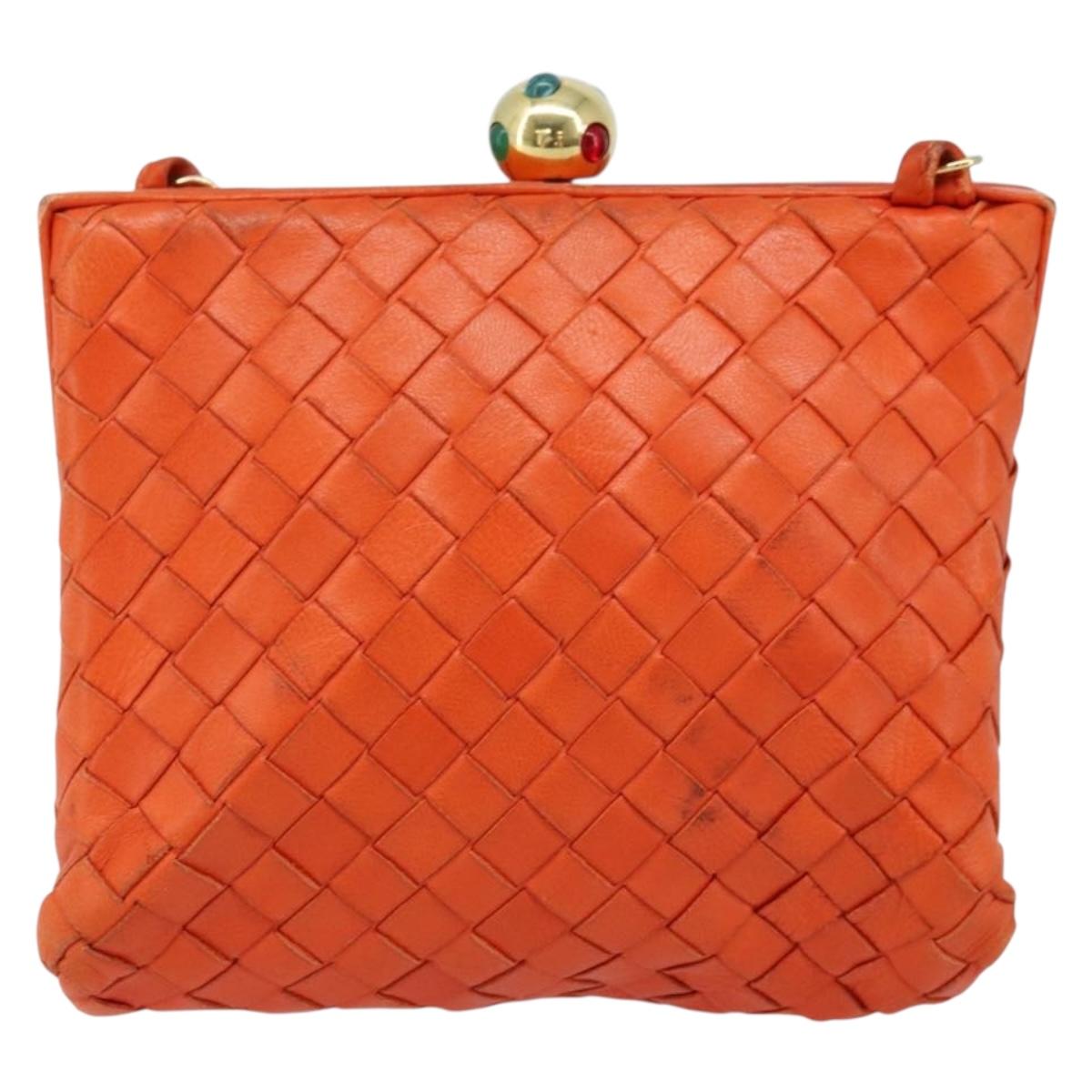 BOTTEGA VENETA INTRECCIATO Chain Shoulder Bag Leather Orange Gold Auth ARZ039A