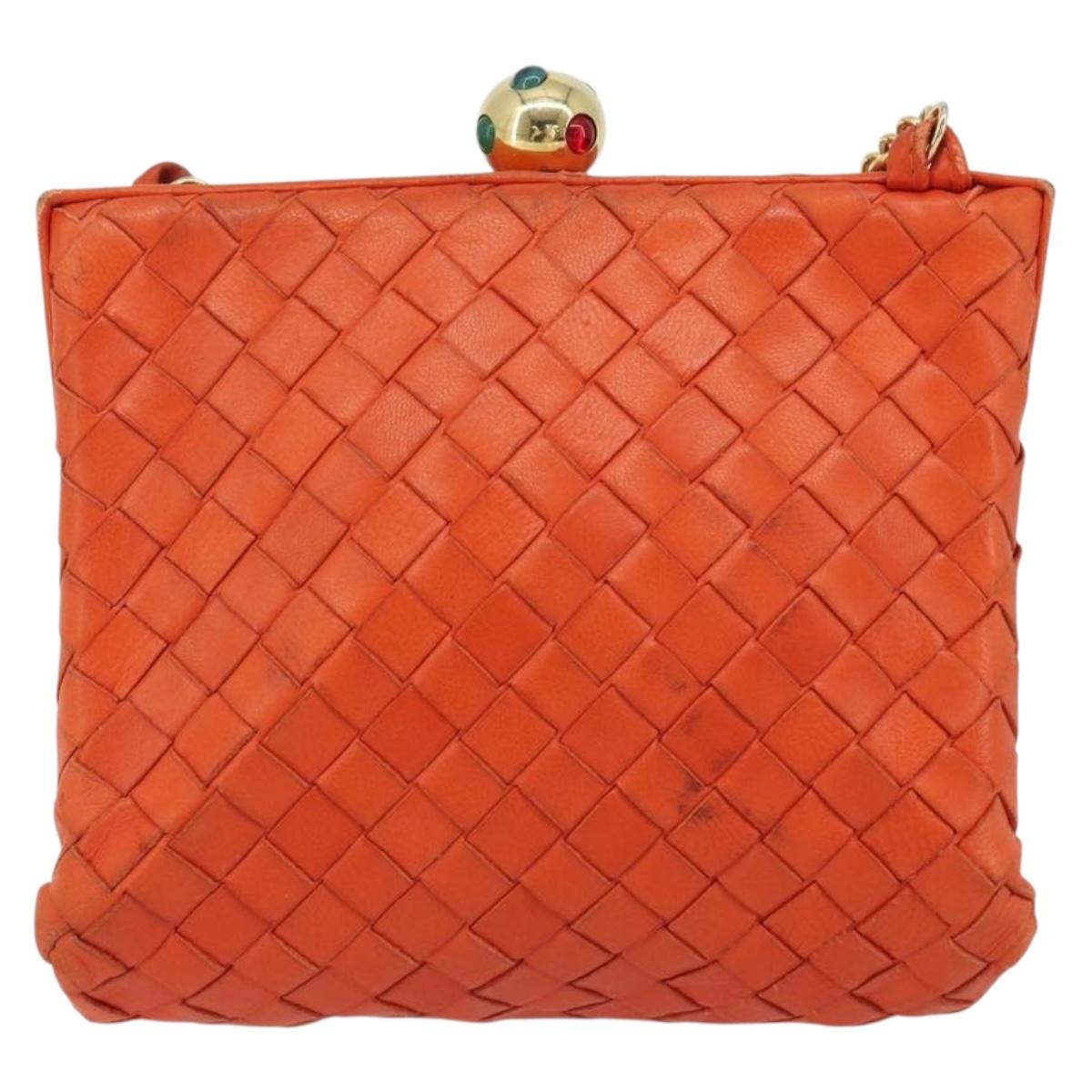 BOTTEGA VENETA INTRECCIATO Chain Shoulder Bag Leather Orange Gold Auth ARZ039A