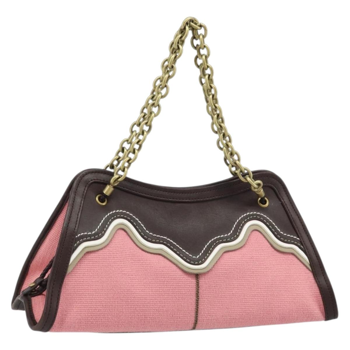 BOTTEGA VENETA Chain Hand Bag Leather Canvas 2way Outlet Pink Gold Auth ARZ067V