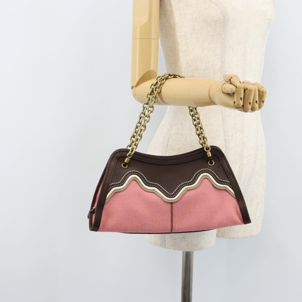 BOTTEGA VENETA Chain Hand Bag Leather Canvas 2way Outlet Pink Gold Auth ARZ067V