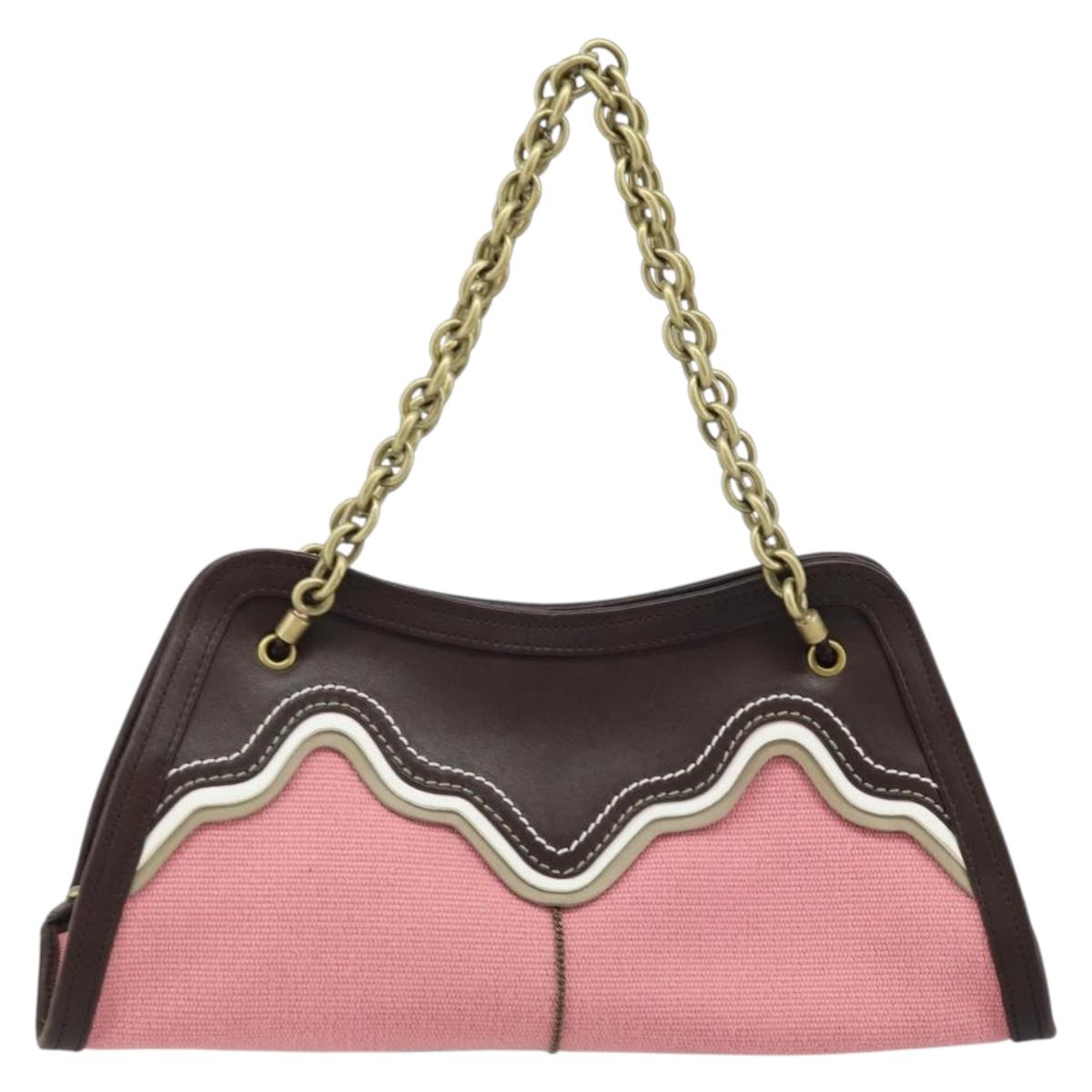 BOTTEGA VENETA Chain Hand Bag Leather Canvas 2way Outlet Pink Gold Auth ARZ067V