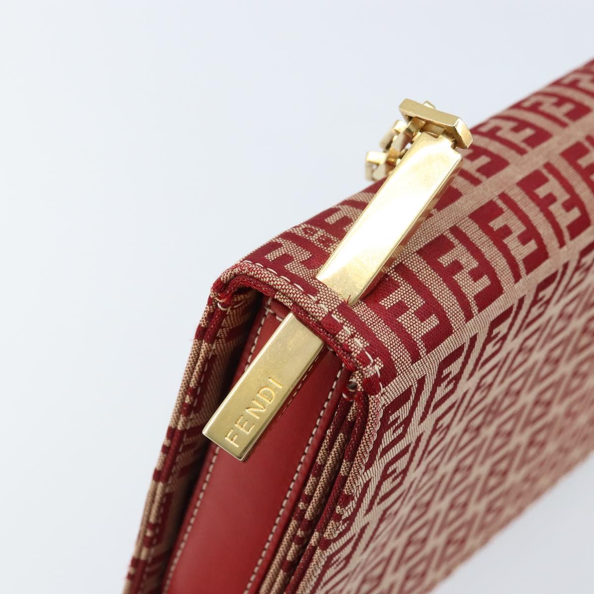 FENDI Zucchino Canvas Chain Shoulder Bag Red Gold Auth ARZ091SAV