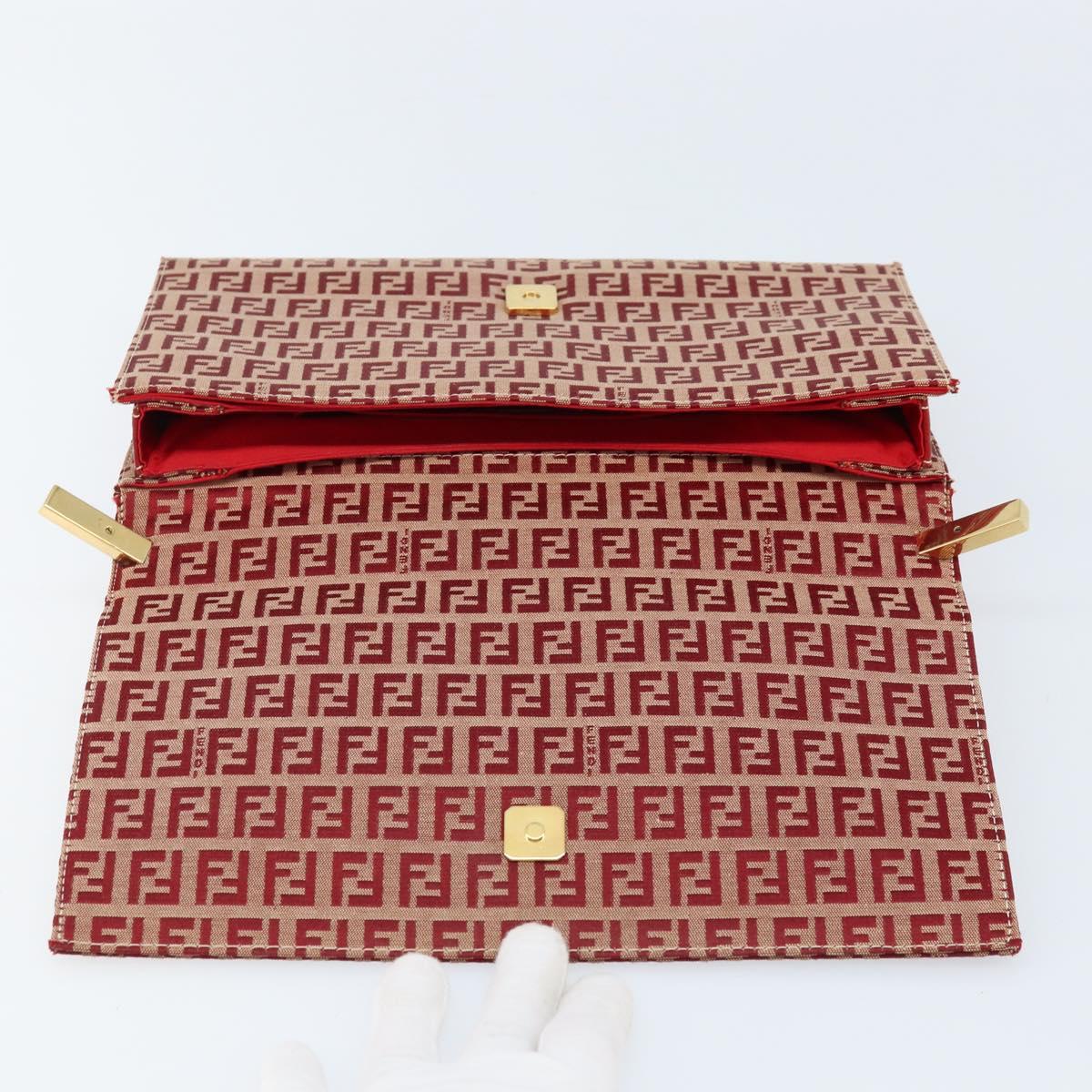 FENDI Zucchino Canvas Chain Shoulder Bag Red Gold Auth ARZ091SAV