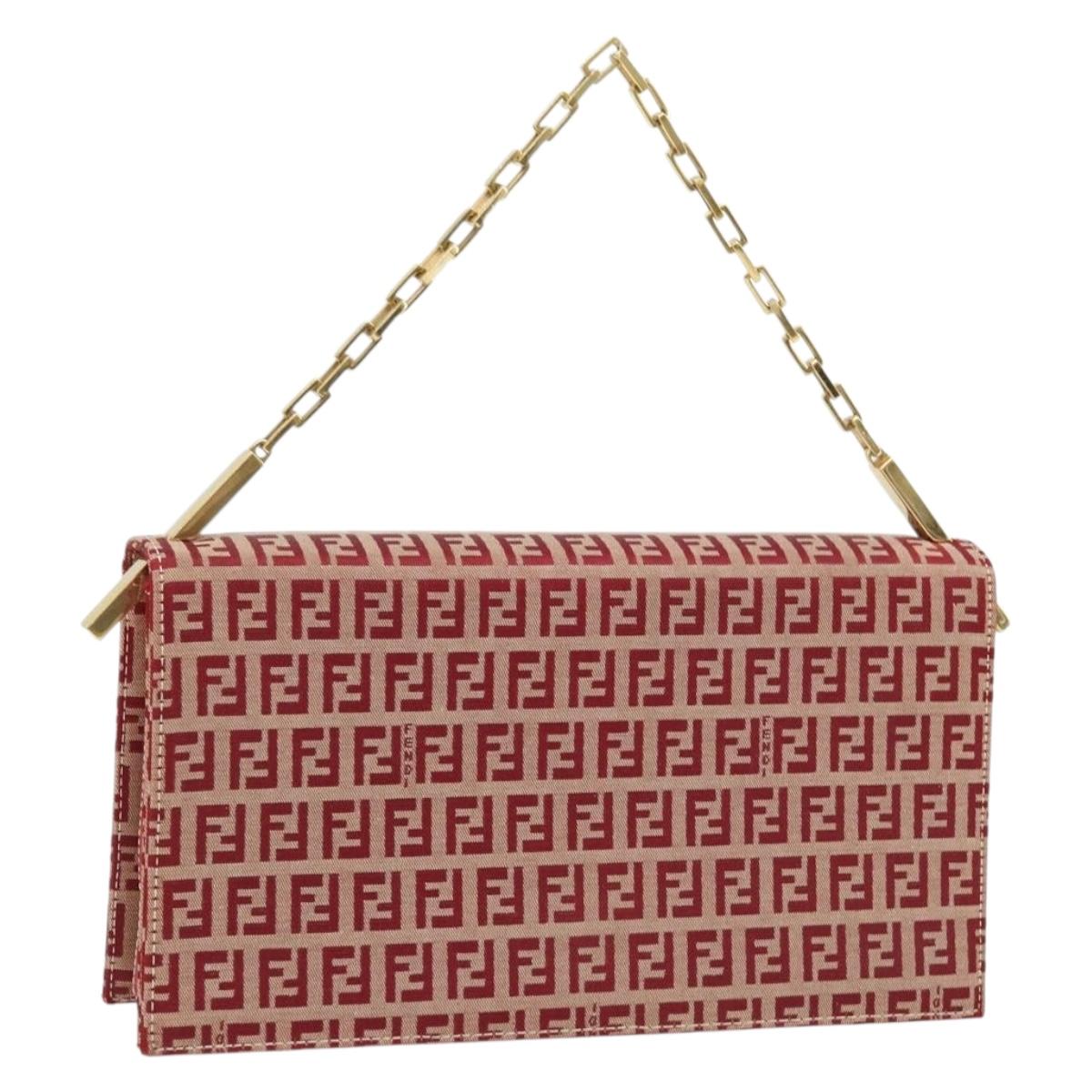FENDI Zucchino Canvas Chain Shoulder Bag Red Gold Auth ARZ091SAV