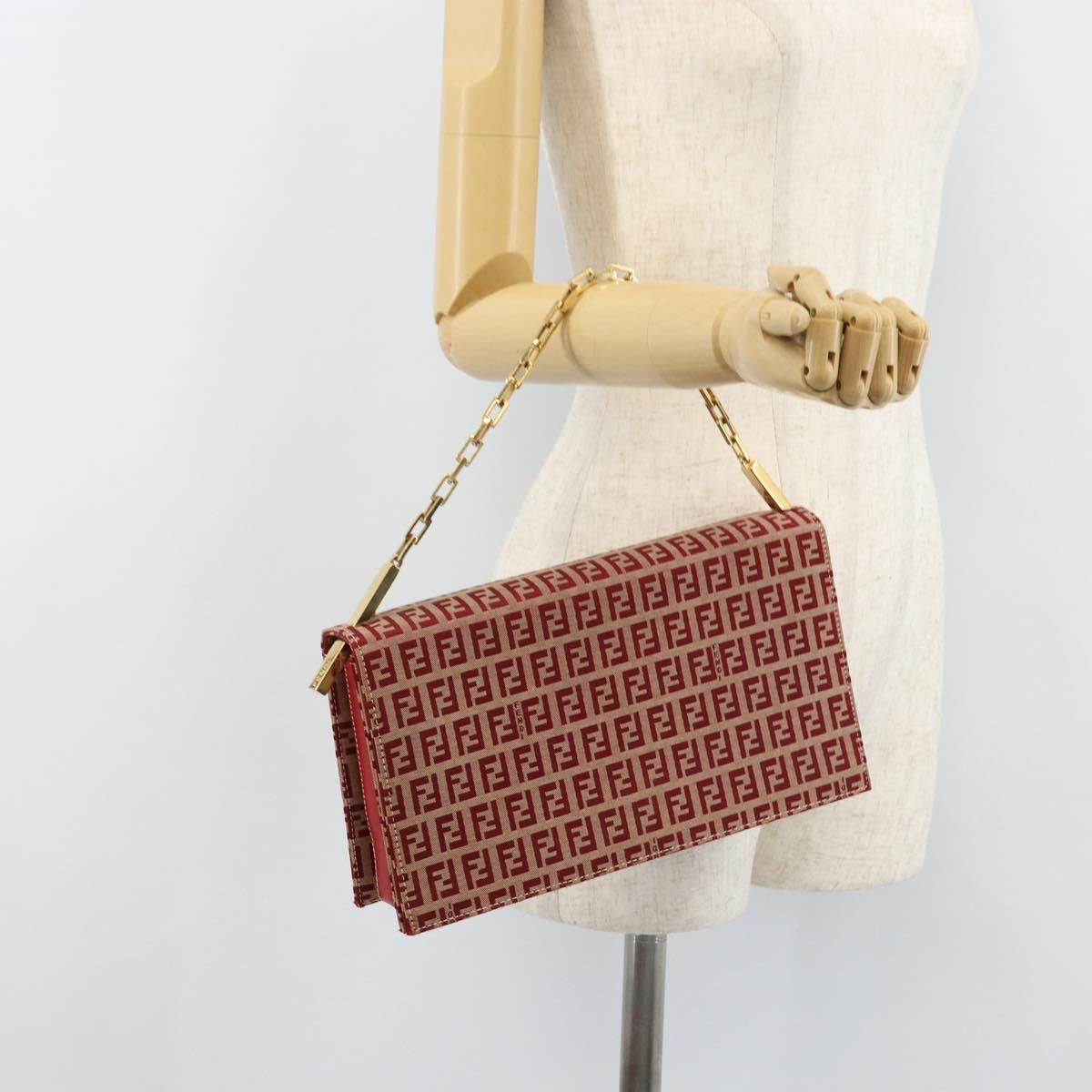 FENDI Zucchino Canvas Chain Shoulder Bag Red Gold Auth ARZ091SAV