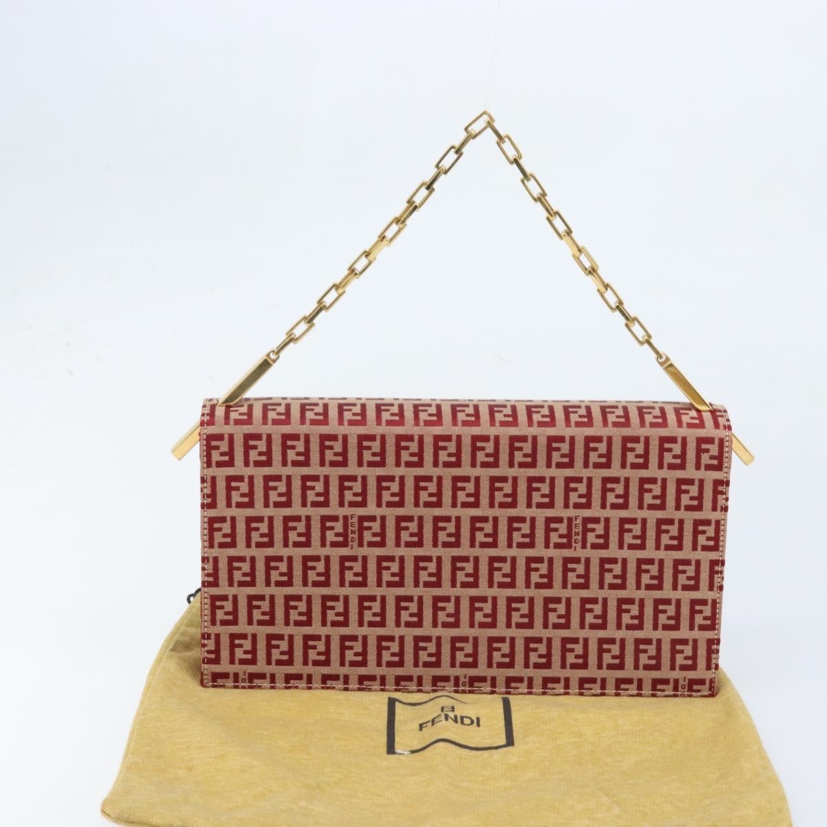 FENDI Zucchino Canvas Chain Shoulder Bag Red Gold Auth ARZ091SAV