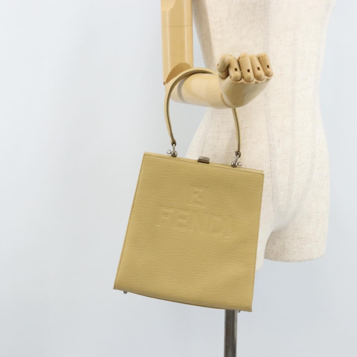 FENDI Hand Bag Leather Ivory Silver Auth ARZ093