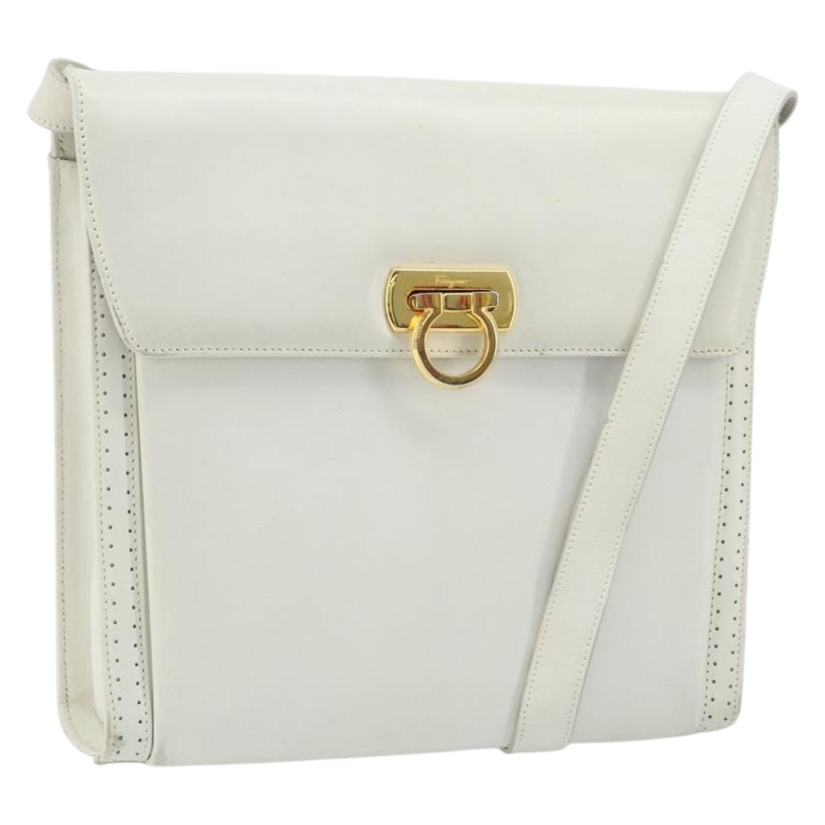 Salvatore Ferragamo Gancini Shoulder Bag Leather White Gold Auth ARZ115