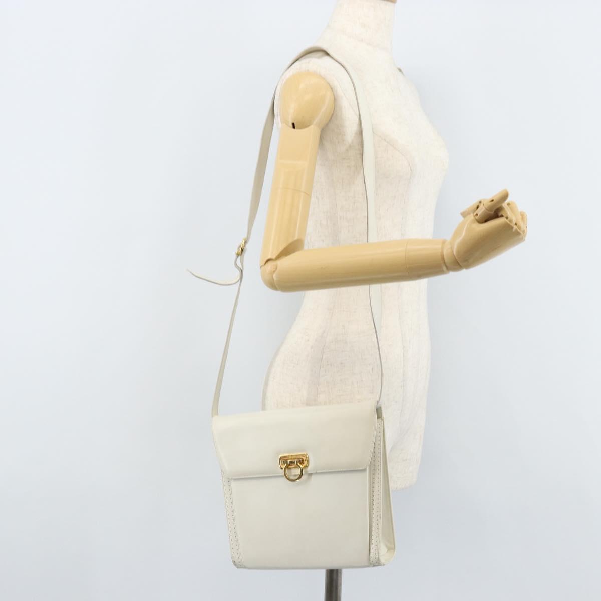 Salvatore Ferragamo Gancini Shoulder Bag Leather White Gold Auth ARZ115