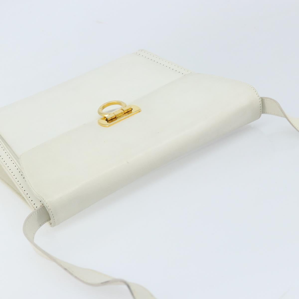 Salvatore Ferragamo Gancini Shoulder Bag Leather White Gold Auth ARZ115
