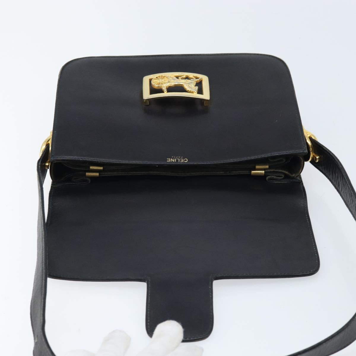 CELINE Horse Carriage Shoulder Bag Leather Black Gold Auth ARZ121