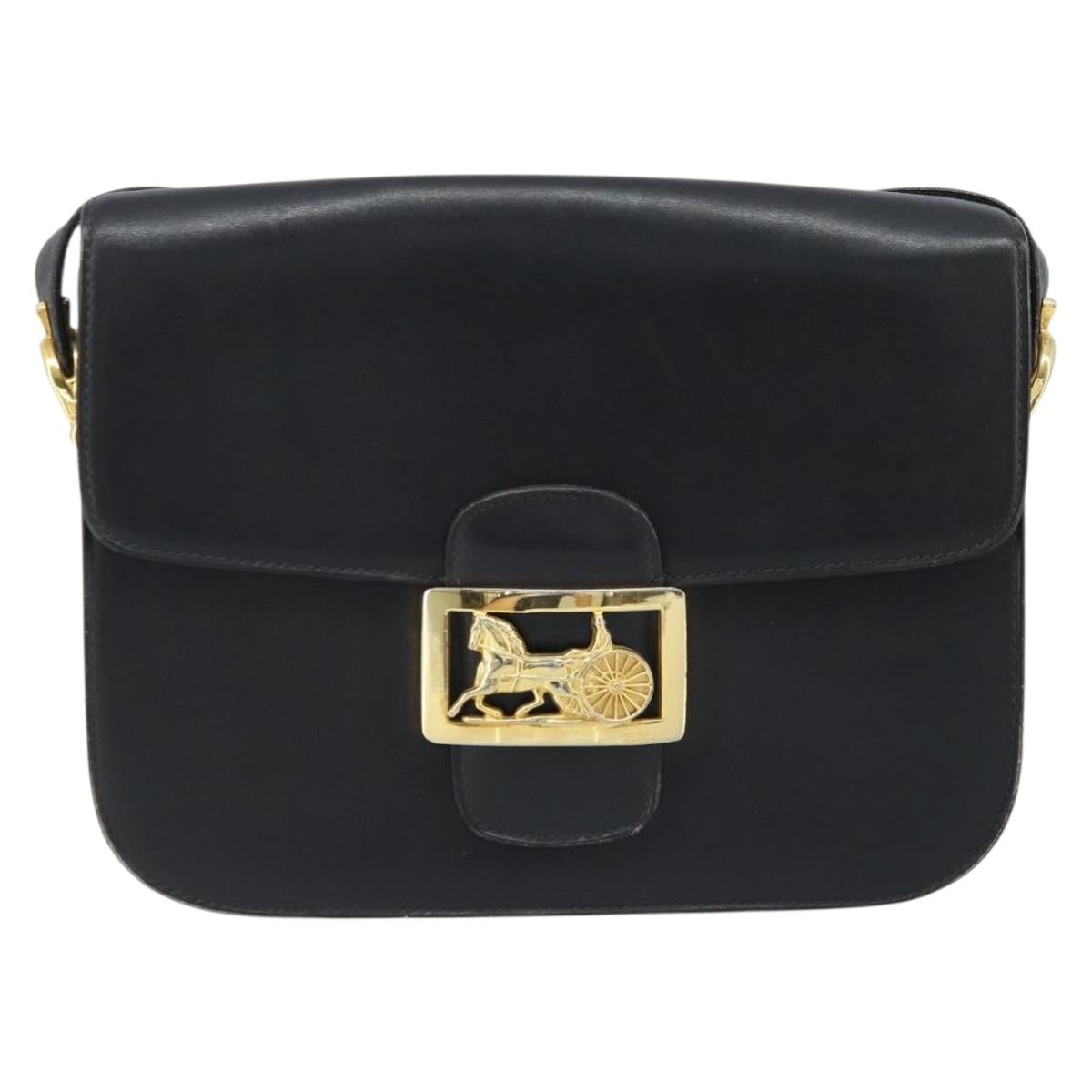 CELINE Horse Carriage Shoulder Bag Leather Black Gold Auth ARZ121