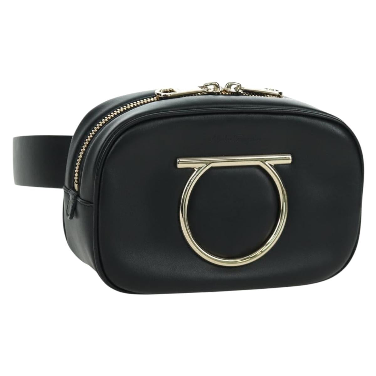 Salvatore Ferragamo Gancini Waist bag Leather Black Gold Auth ARZ136V