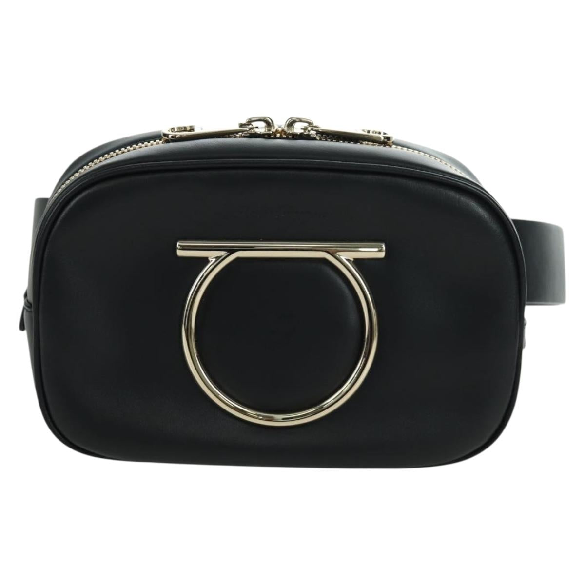 Salvatore Ferragamo Gancini Waist bag Leather Black Gold Auth ARZ136V