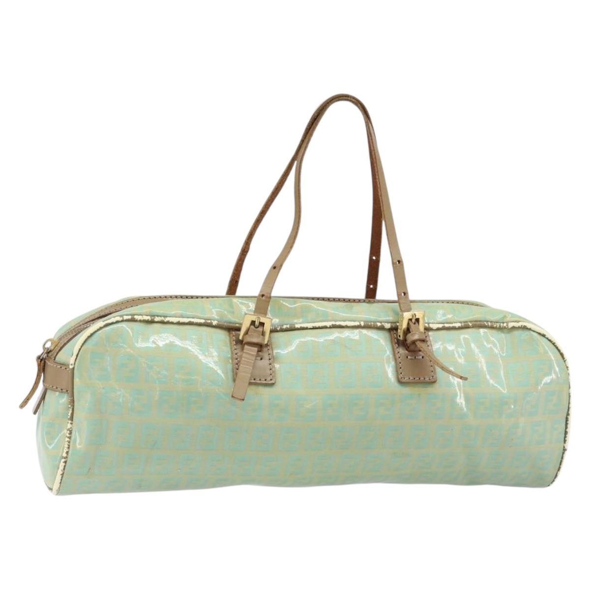 FENDI Zucchino Canvas Hand Bag Coated Canvas Green Gold Auth ARZ139