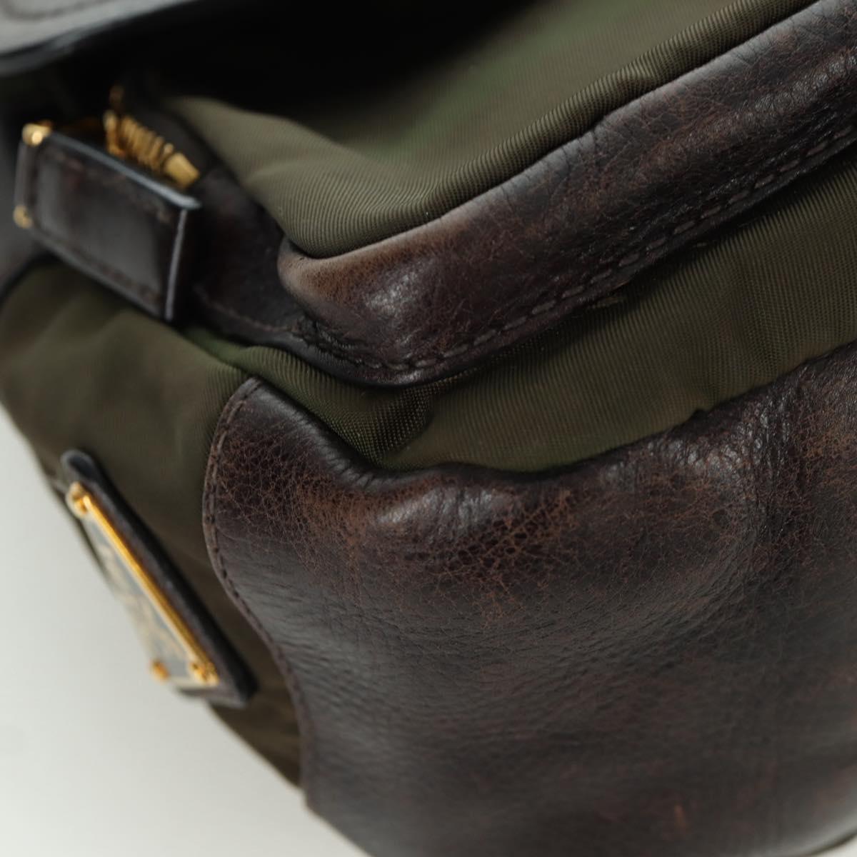 PRADA Shoulder Bag Nylon Leather Khaki Gold Auth ARZ154V