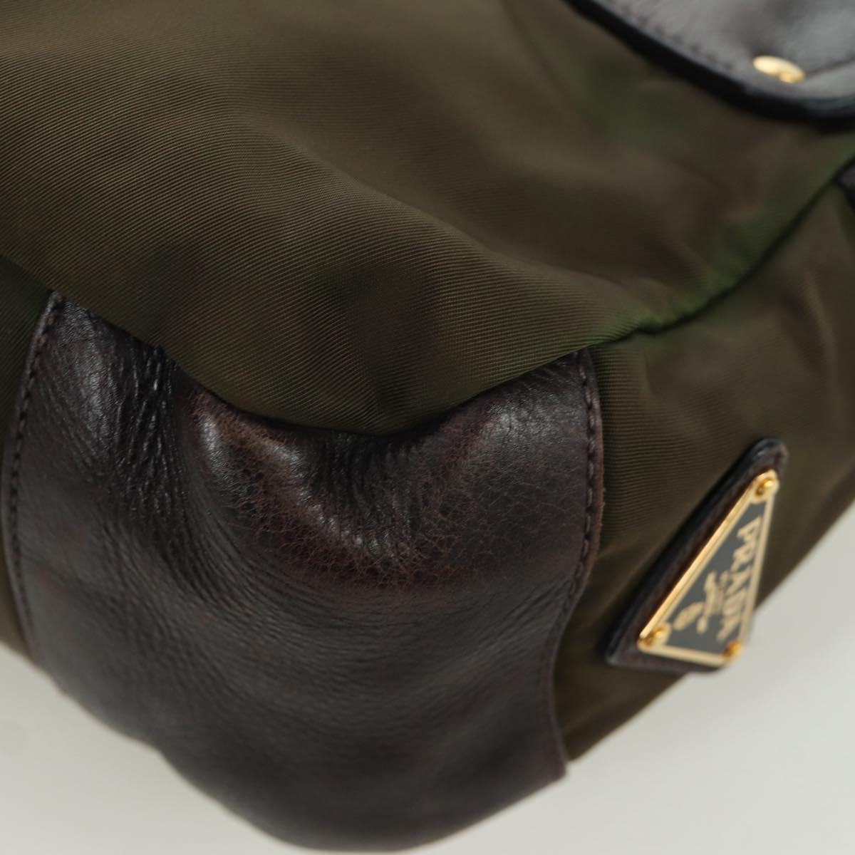 PRADA Shoulder Bag Nylon Leather Khaki Gold Auth ARZ154V