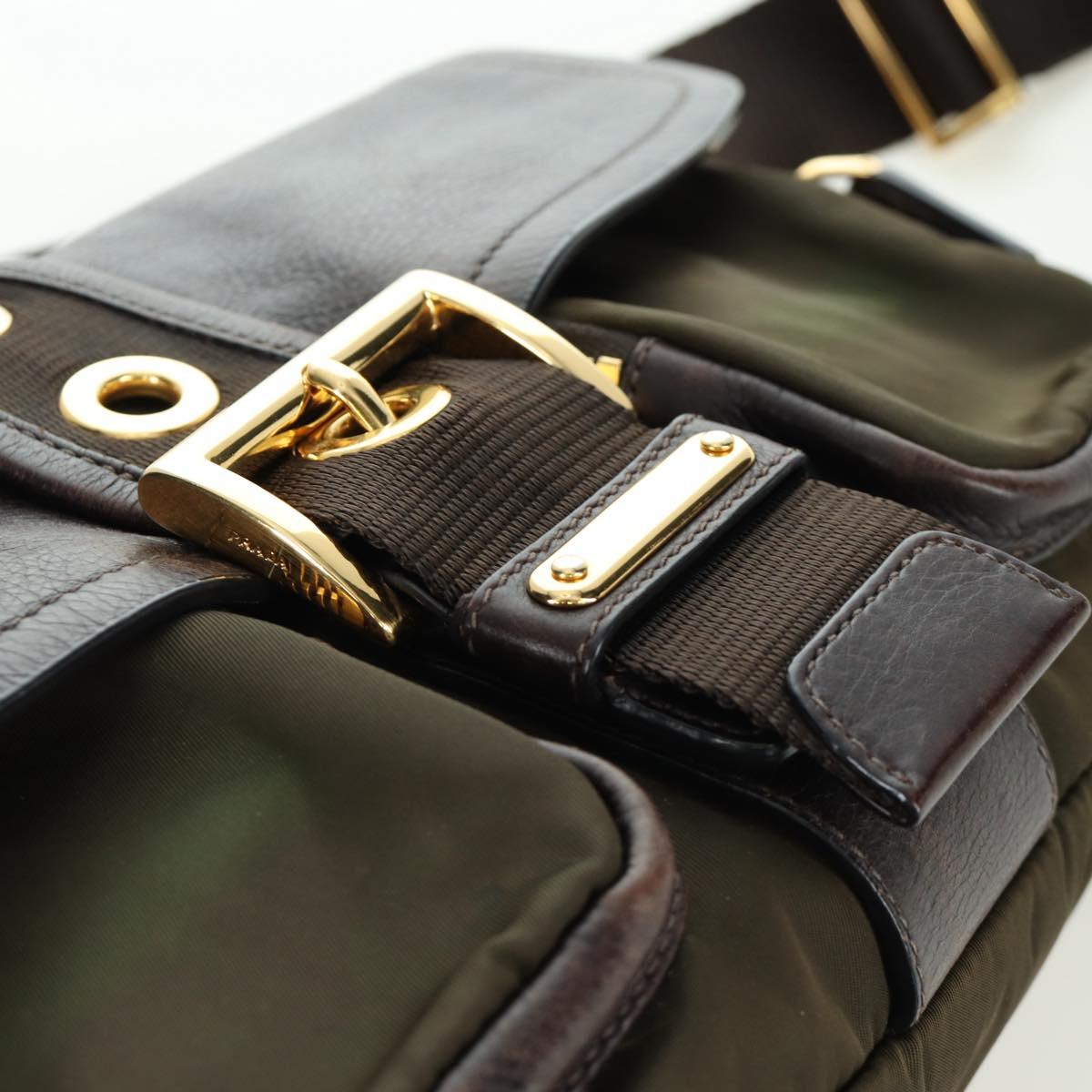 PRADA Shoulder Bag Nylon Leather Khaki Gold Auth ARZ154V