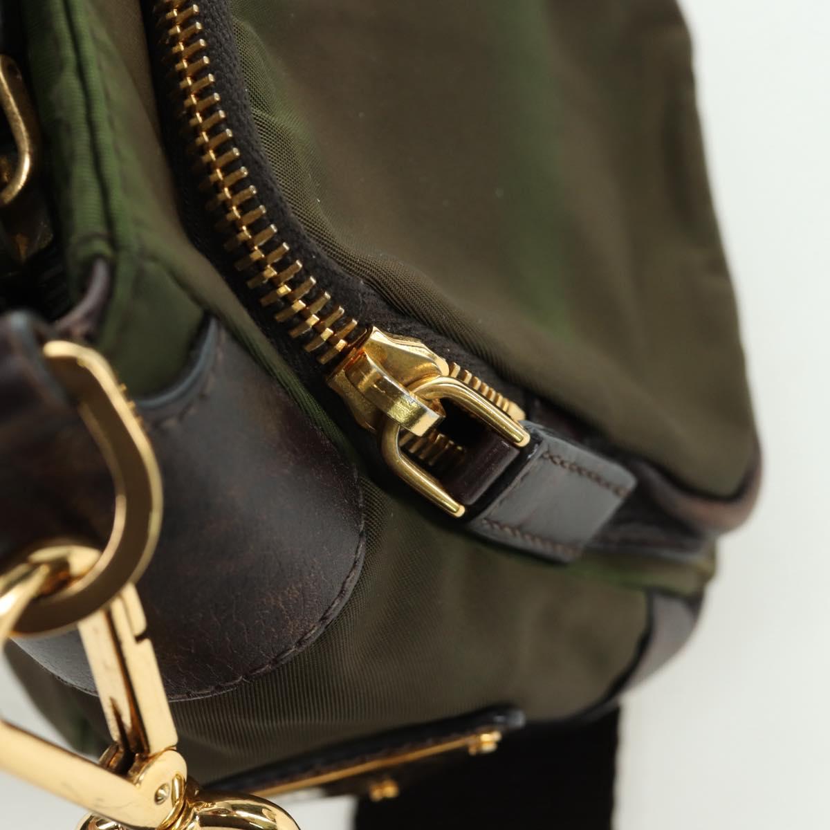 PRADA Shoulder Bag Nylon Leather Khaki Gold Auth ARZ154V